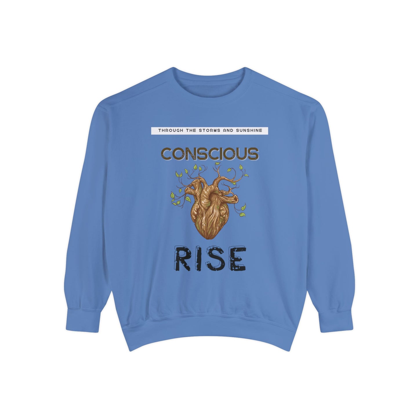 Conscious Rise: Garment-Dyed Sweatshirt with Blooming Tree Design