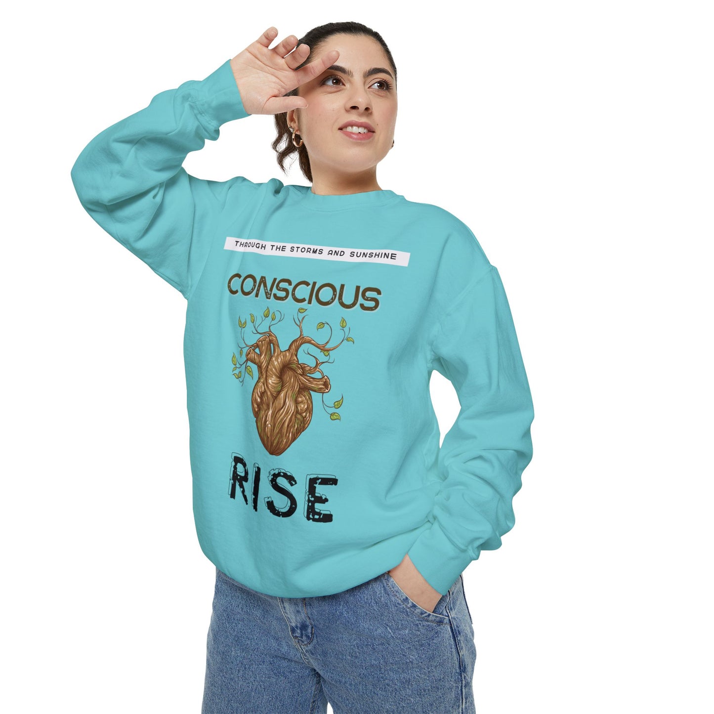 Conscious Rise: Garment-Dyed Sweatshirt with Blooming Tree Design