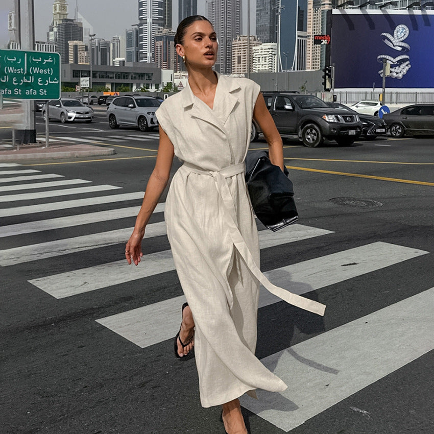 Cotton and linen dress women's khaki lace up shirt dress long skirt 