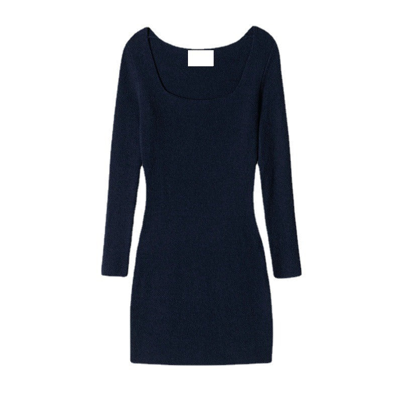 organic cotton blend knitted simple base skirt square neck slim dress