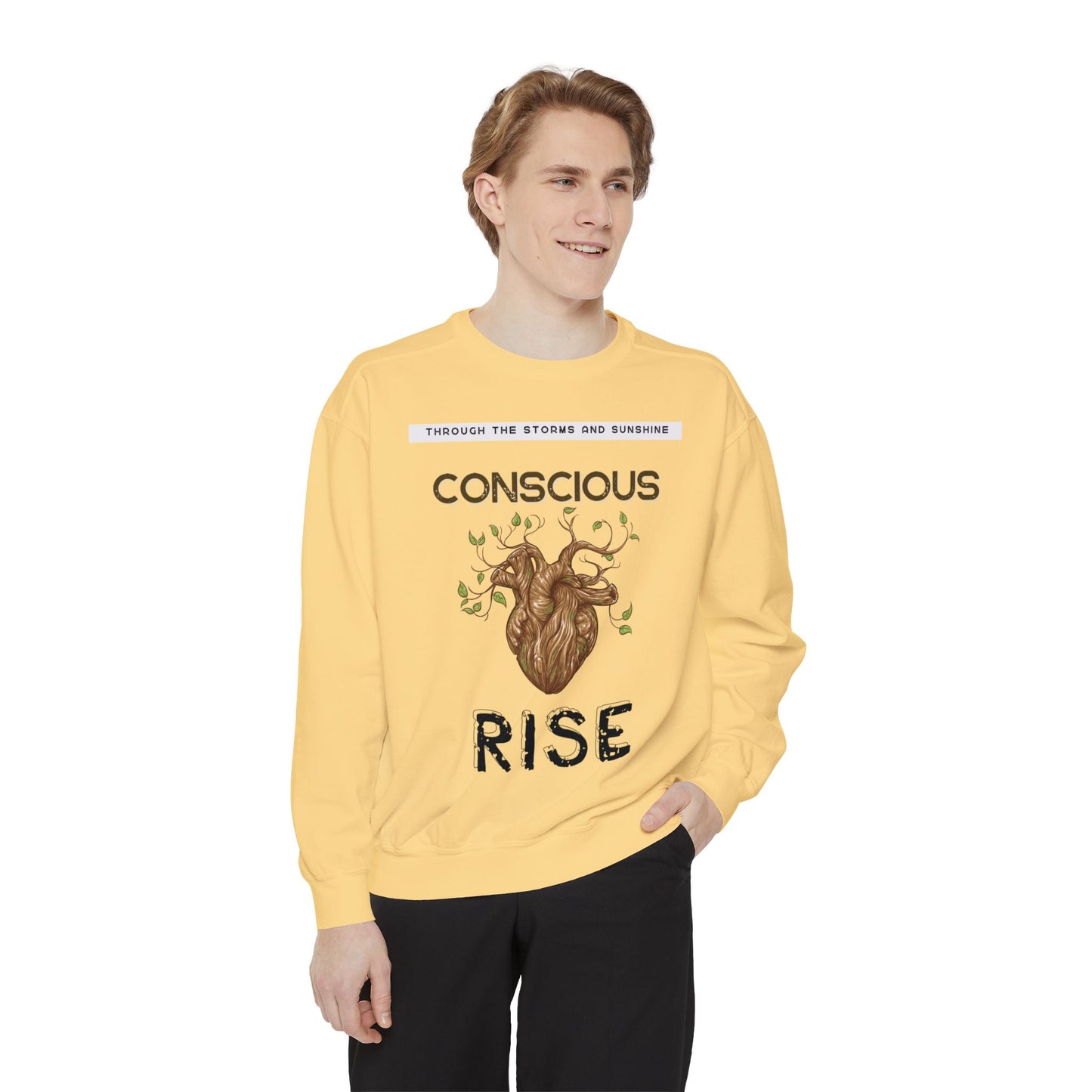 Conscious Rise: Garment-Dyed Sweatshirt with Blooming Tree Design