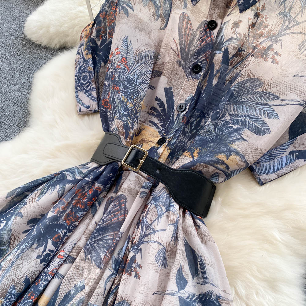Fashion Runway Cotton Shirt Dress Women's Short Sleeve Elegant Floral Butterfly Print Belt OL Midi Dress
