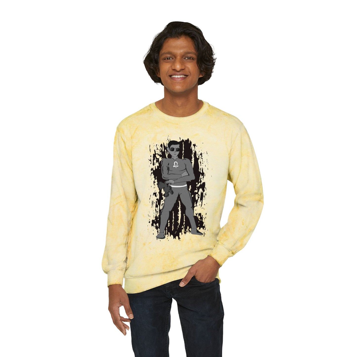 Yellow Tie-Dye Crewneck Sweatshirt with Root Chakra Super Hero Vintage Rebel Graphic