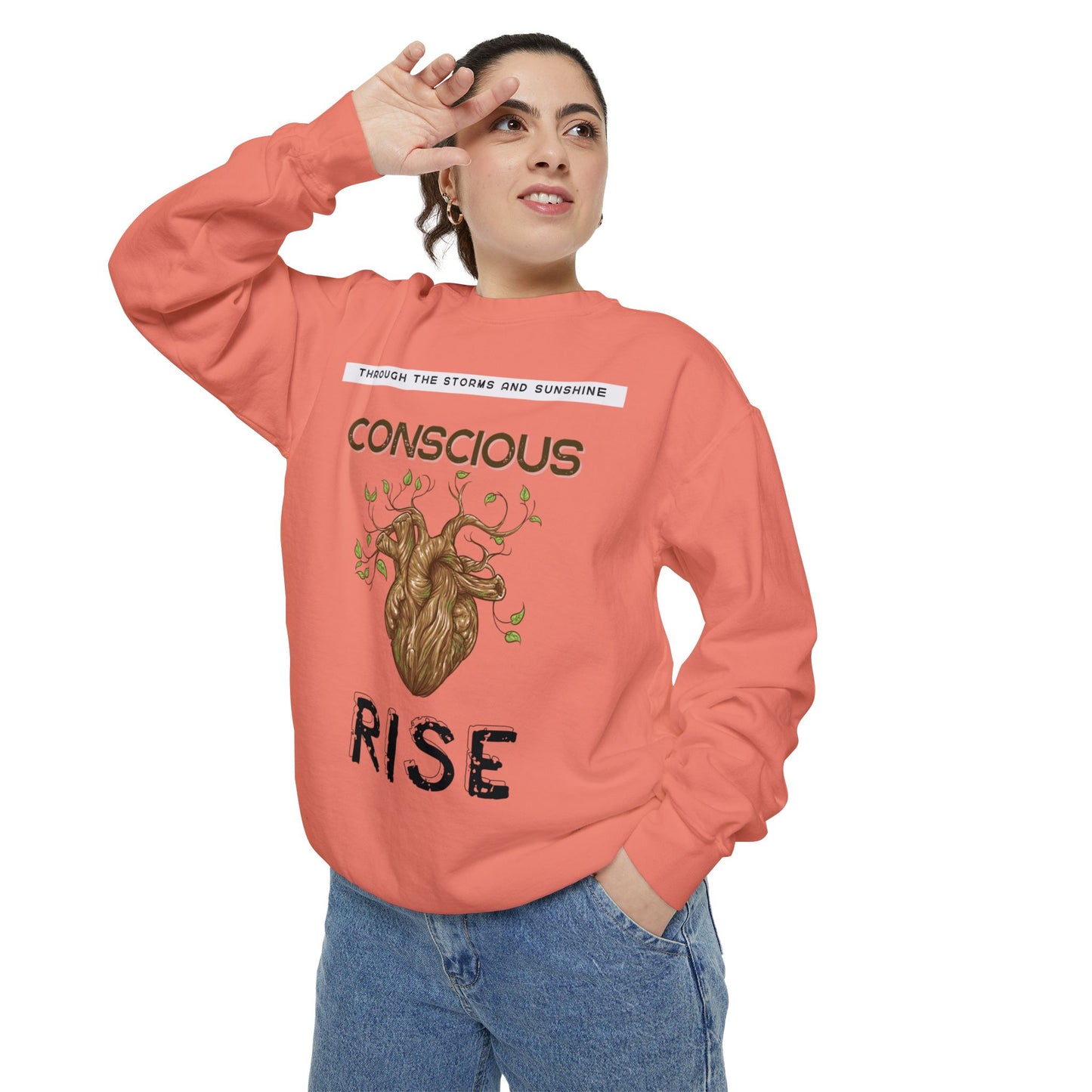 Conscious Rise: Garment-Dyed Sweatshirt with Blooming Tree Design