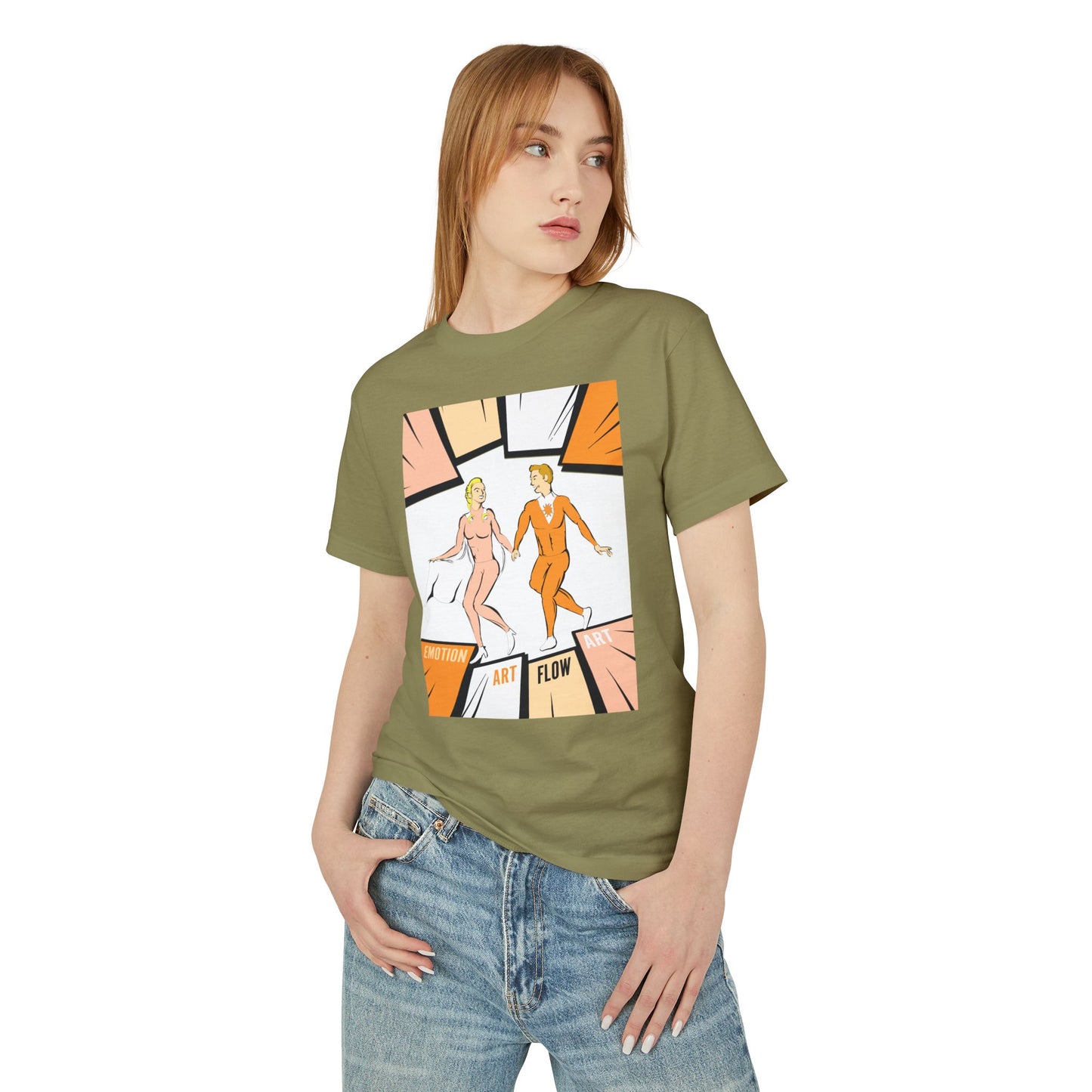 Art Flow Retro Sacral Chakra Super Hero Dance Graphic Tee — 'Emotion • Art • Flow' Vintage Pop Design