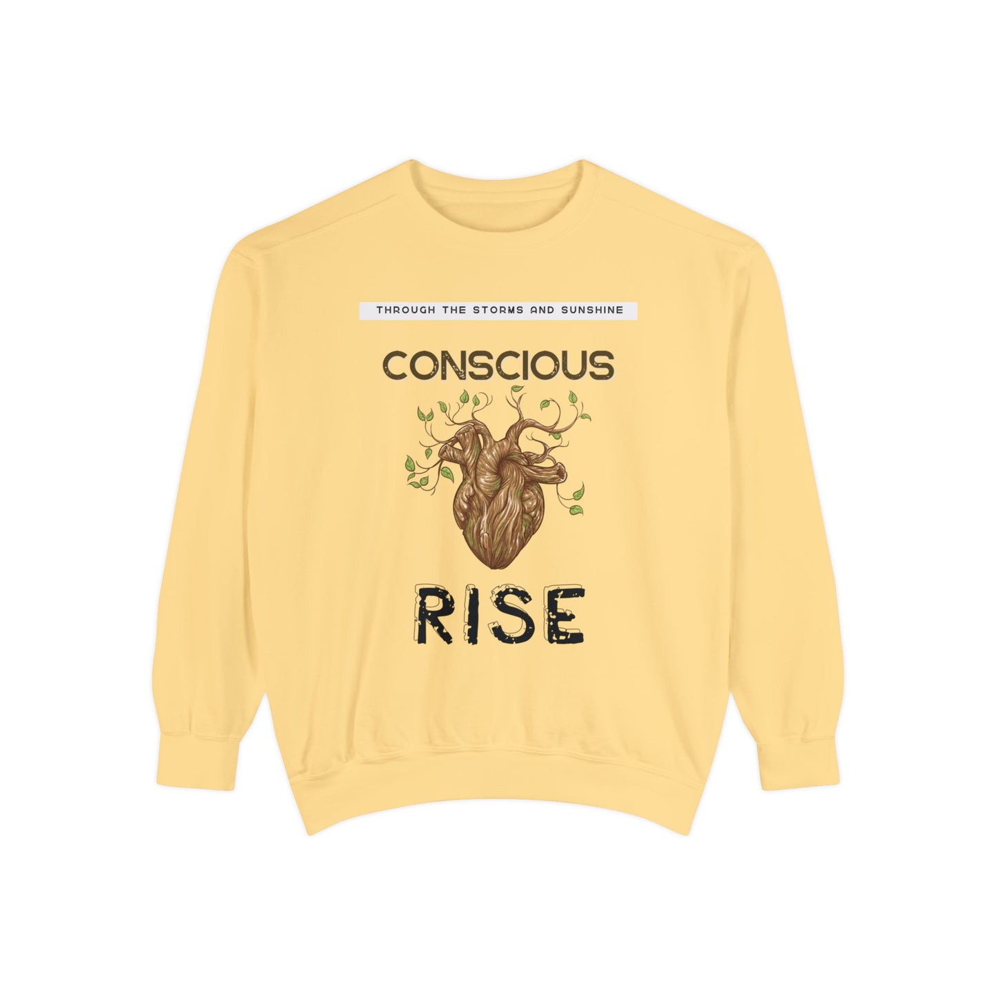 Conscious Rise: Garment-Dyed Sweatshirt with Blooming Tree Design