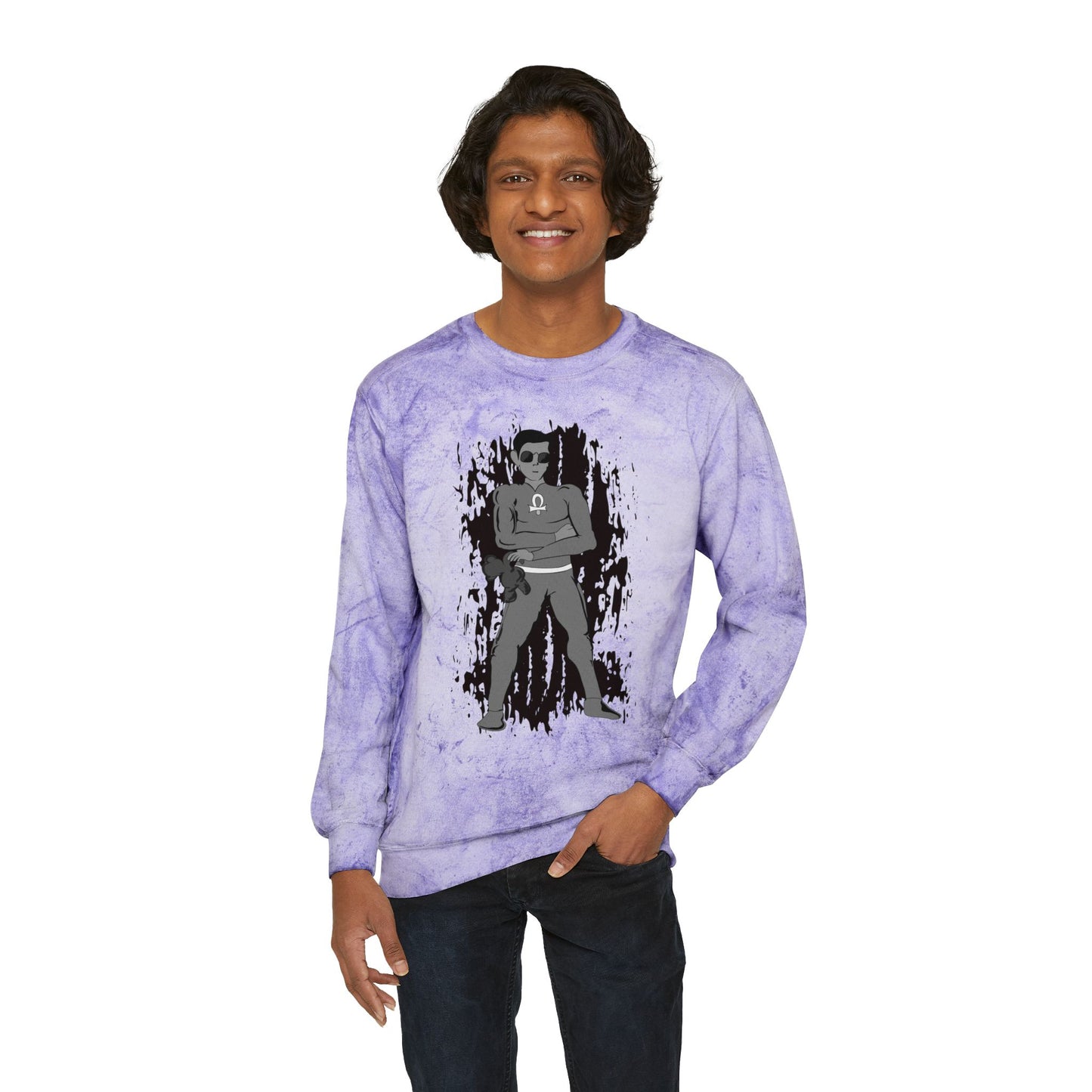 Yellow Tie-Dye Crewneck Sweatshirt with Root Chakra Super Hero Vintage Rebel Graphic