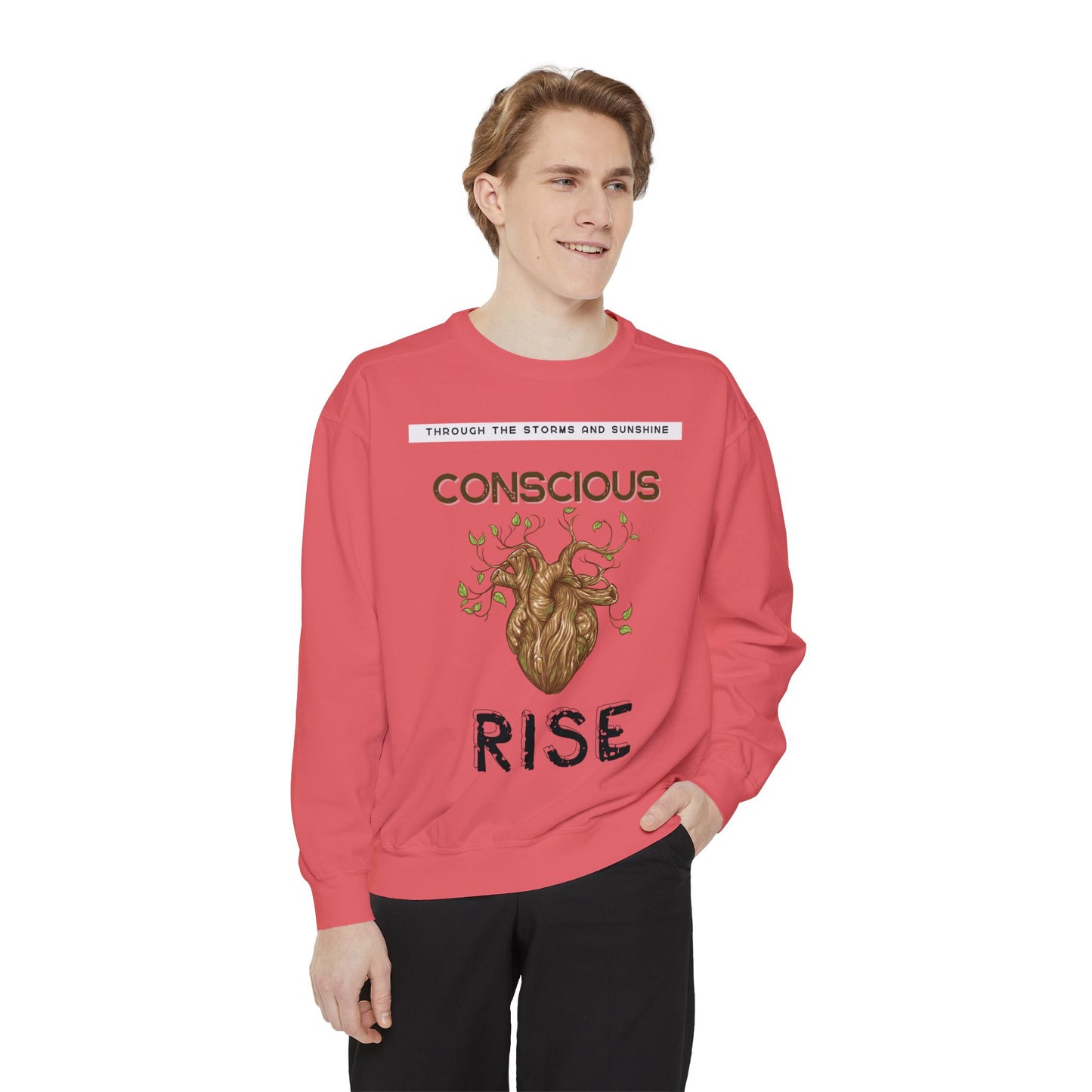 Conscious Rise: Garment-Dyed Sweatshirt with Blooming Tree Design