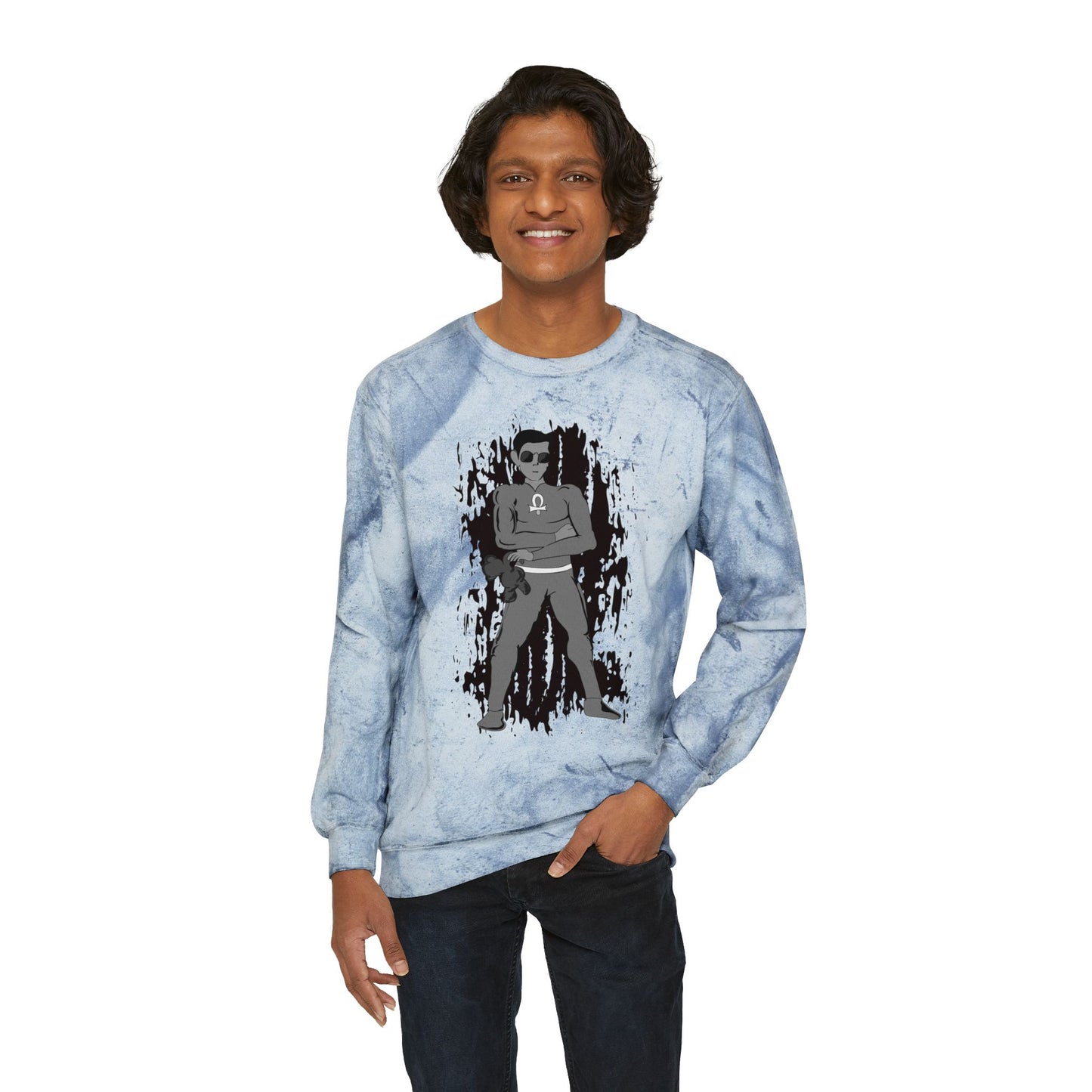 Yellow Tie-Dye Crewneck Sweatshirt with Root Chakra Super Hero Vintage Rebel Graphic