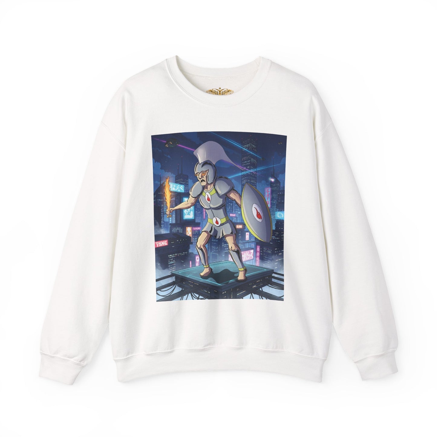 Solar Plexus Warrior Crewneck | Third Chakra Cyber Guardian Sweatshirt | Renato Unali Neon Hoplite Design