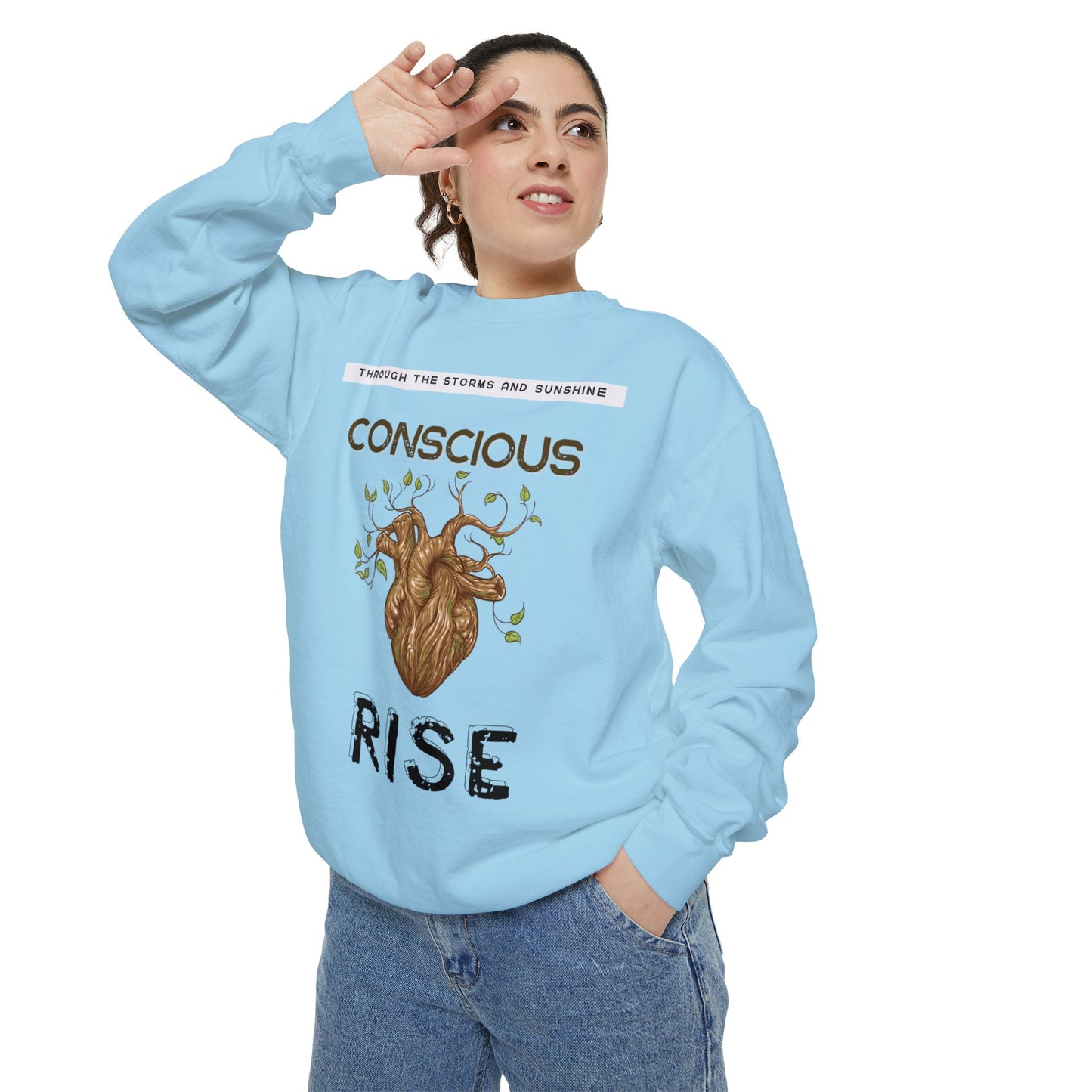 Conscious Rise: Garment-Dyed Sweatshirt with Blooming Tree Design