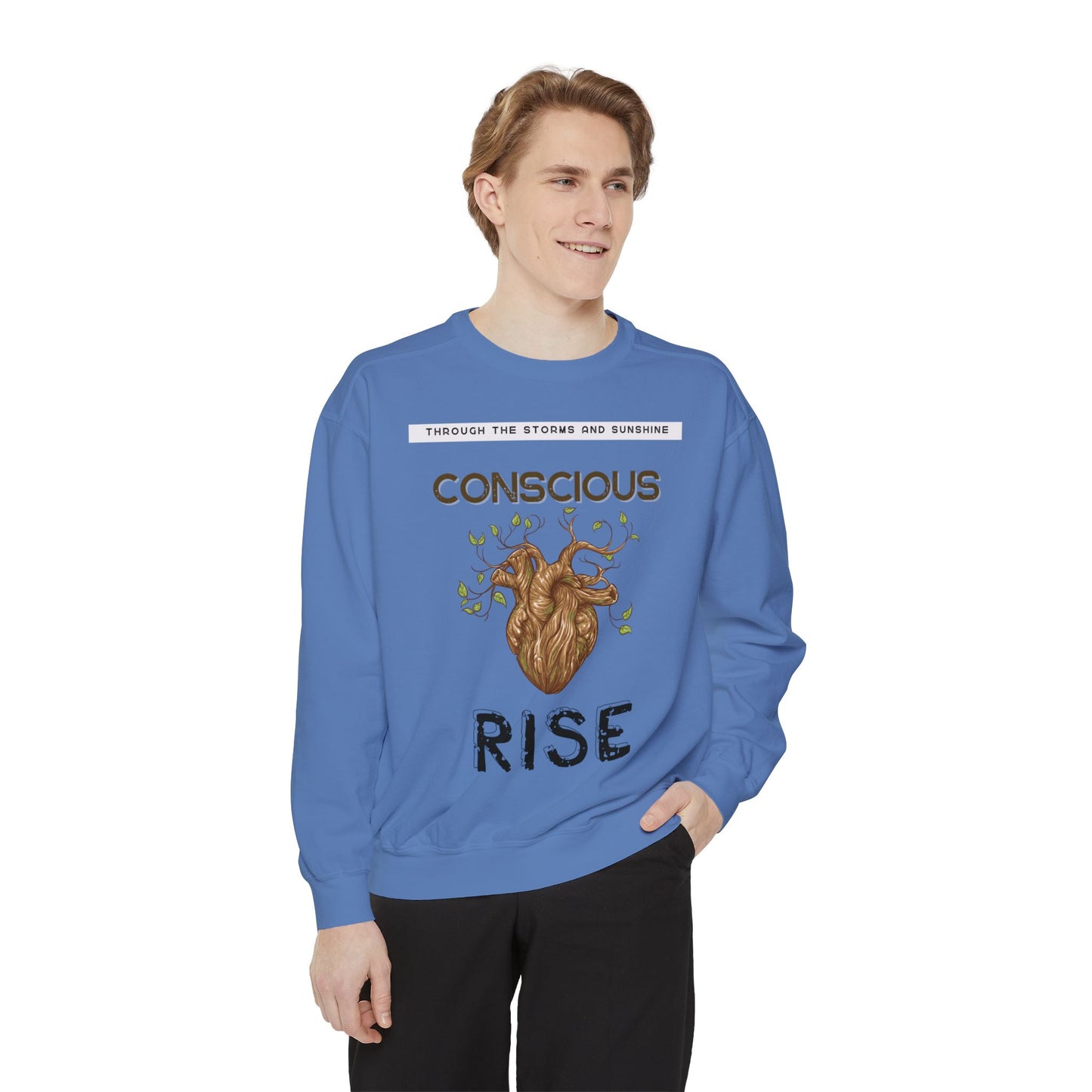 Conscious Rise: Garment-Dyed Sweatshirt with Blooming Tree Design