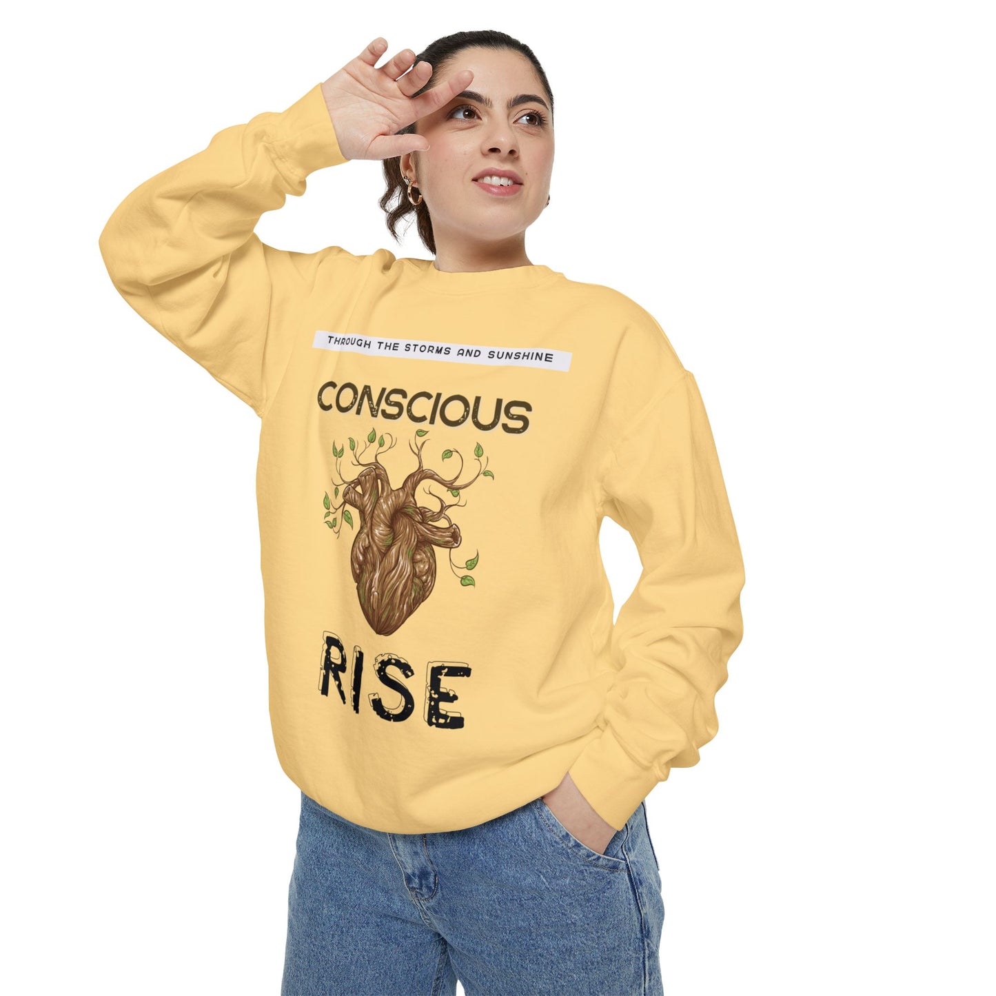Conscious Rise: Garment-Dyed Sweatshirt with Blooming Tree Design