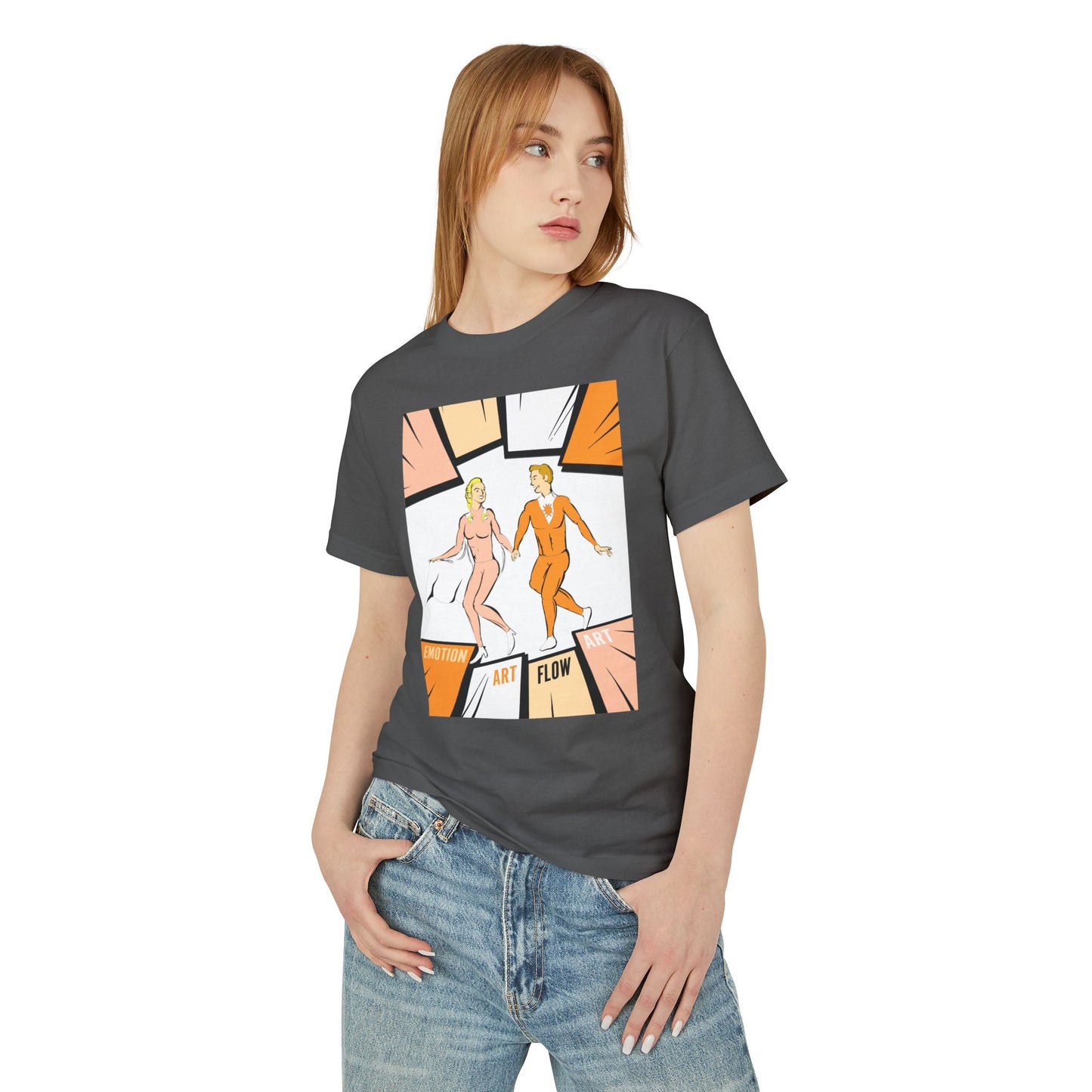 Art Flow Retro Sacral Chakra Super Hero Dance Graphic Tee — 'Emotion • Art • Flow' Vintage Pop Design