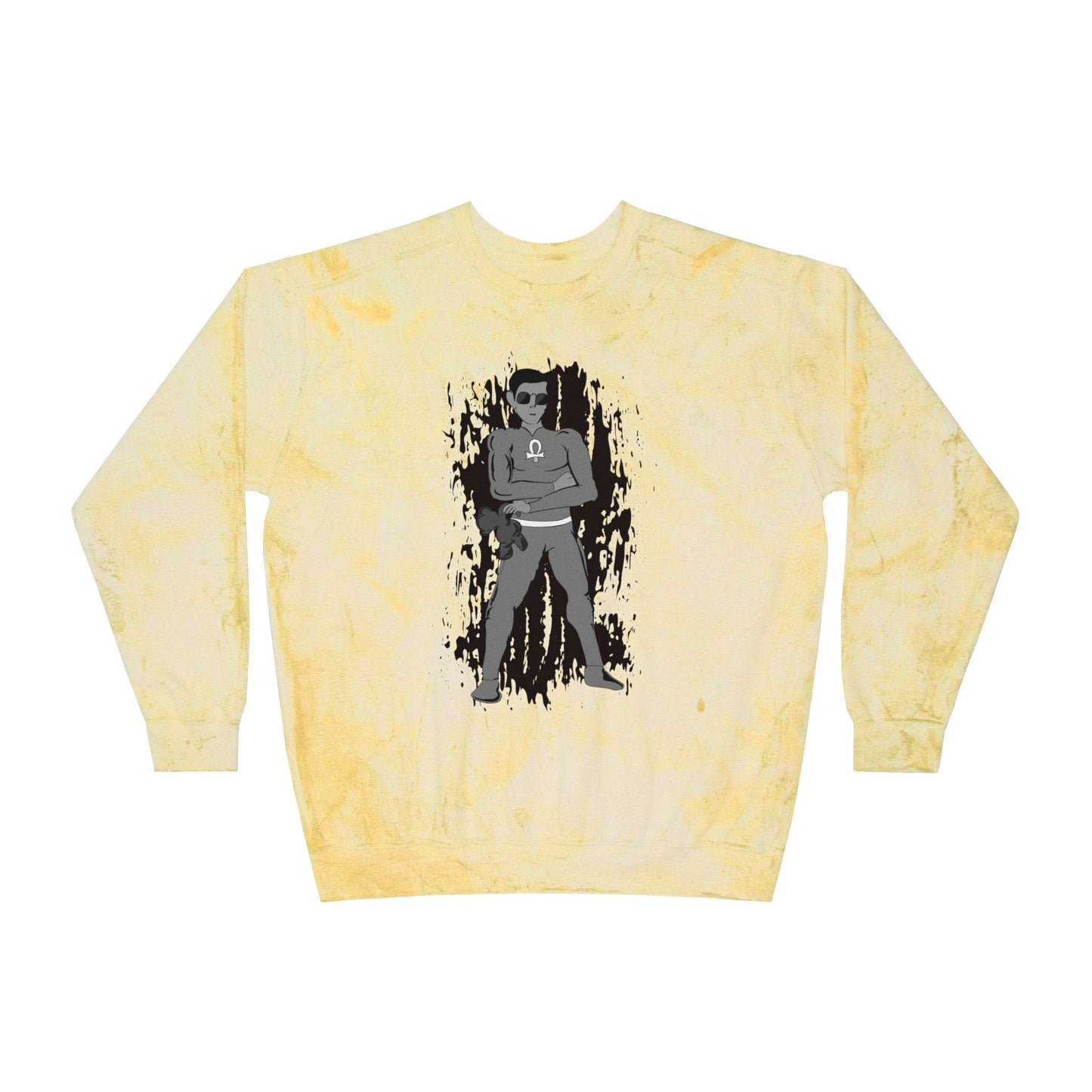 Yellow Tie-Dye Crewneck Sweatshirt with Root Chakra Super Hero Vintage Rebel Graphic