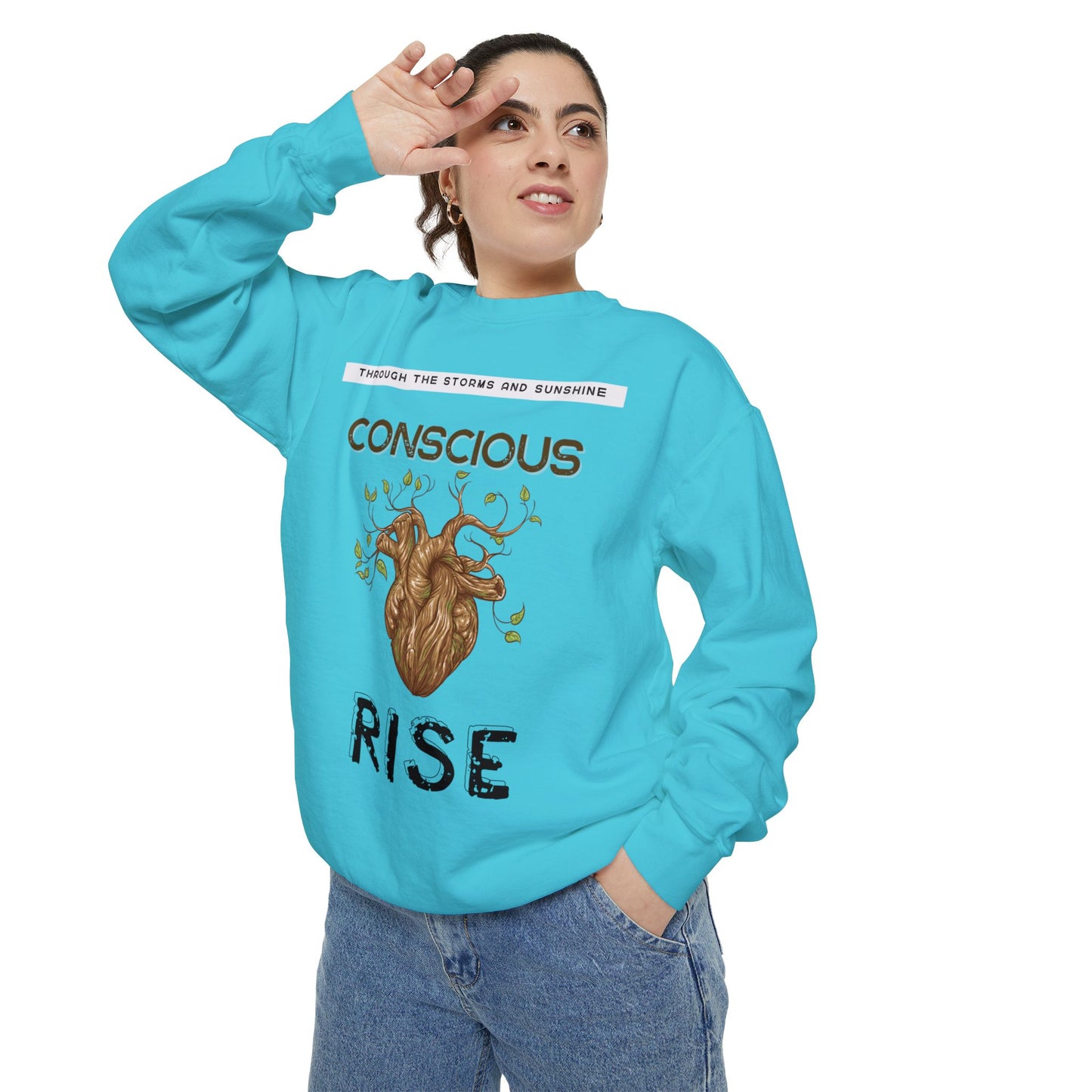 Conscious Rise: Garment-Dyed Sweatshirt with Blooming Tree Design