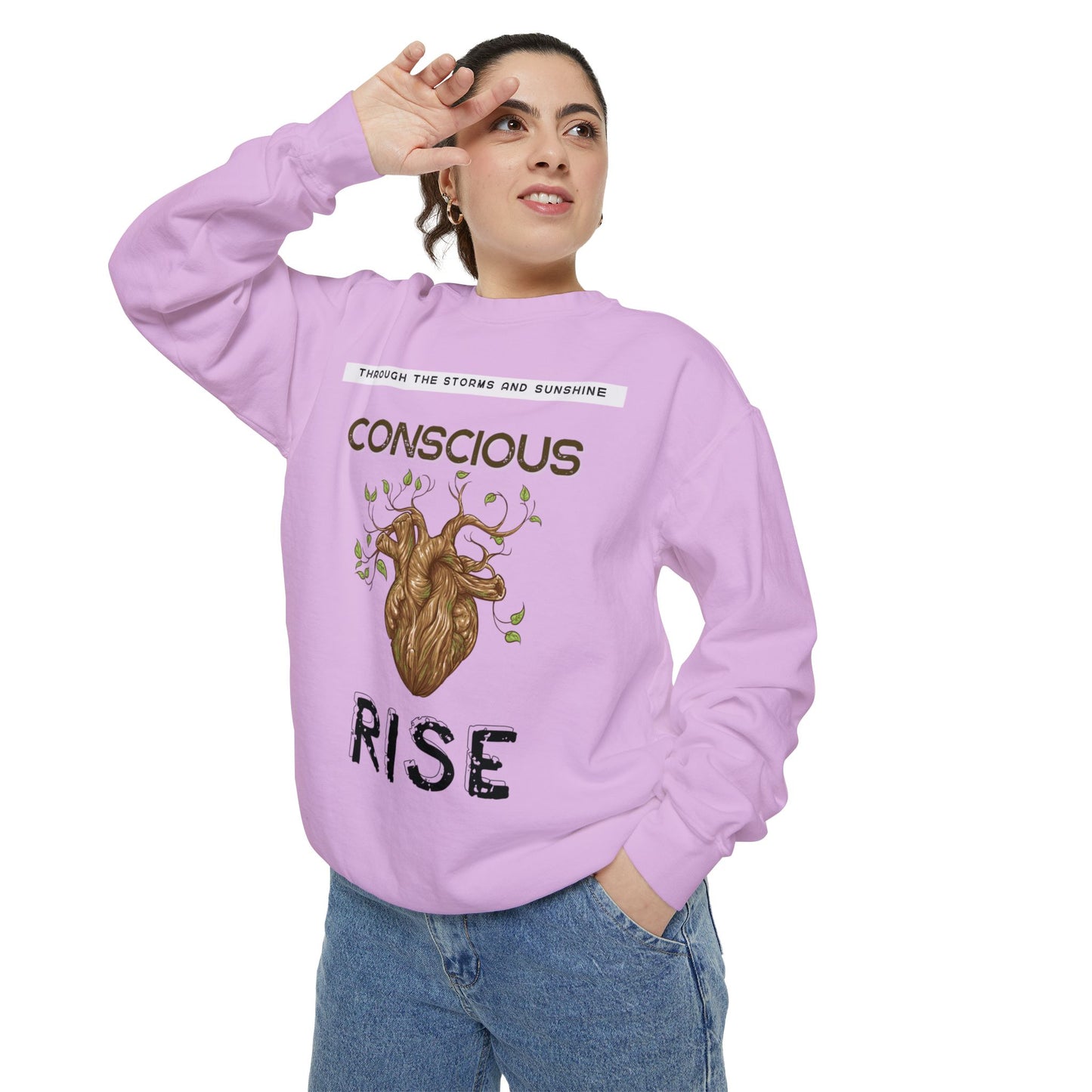 Conscious Rise: Garment-Dyed Sweatshirt with Blooming Tree Design