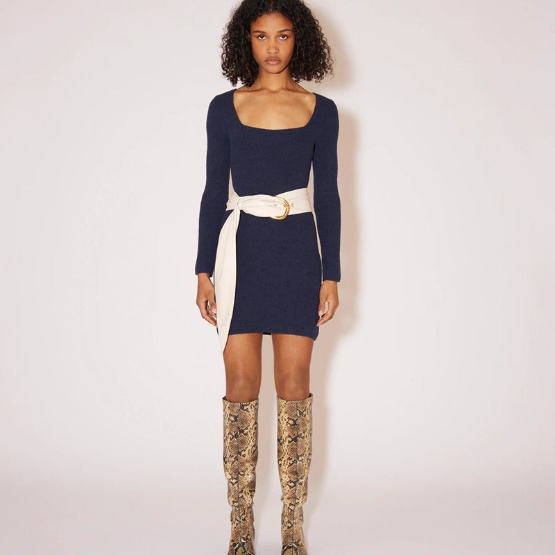 organic cotton blend knitted simple base skirt square neck slim dress