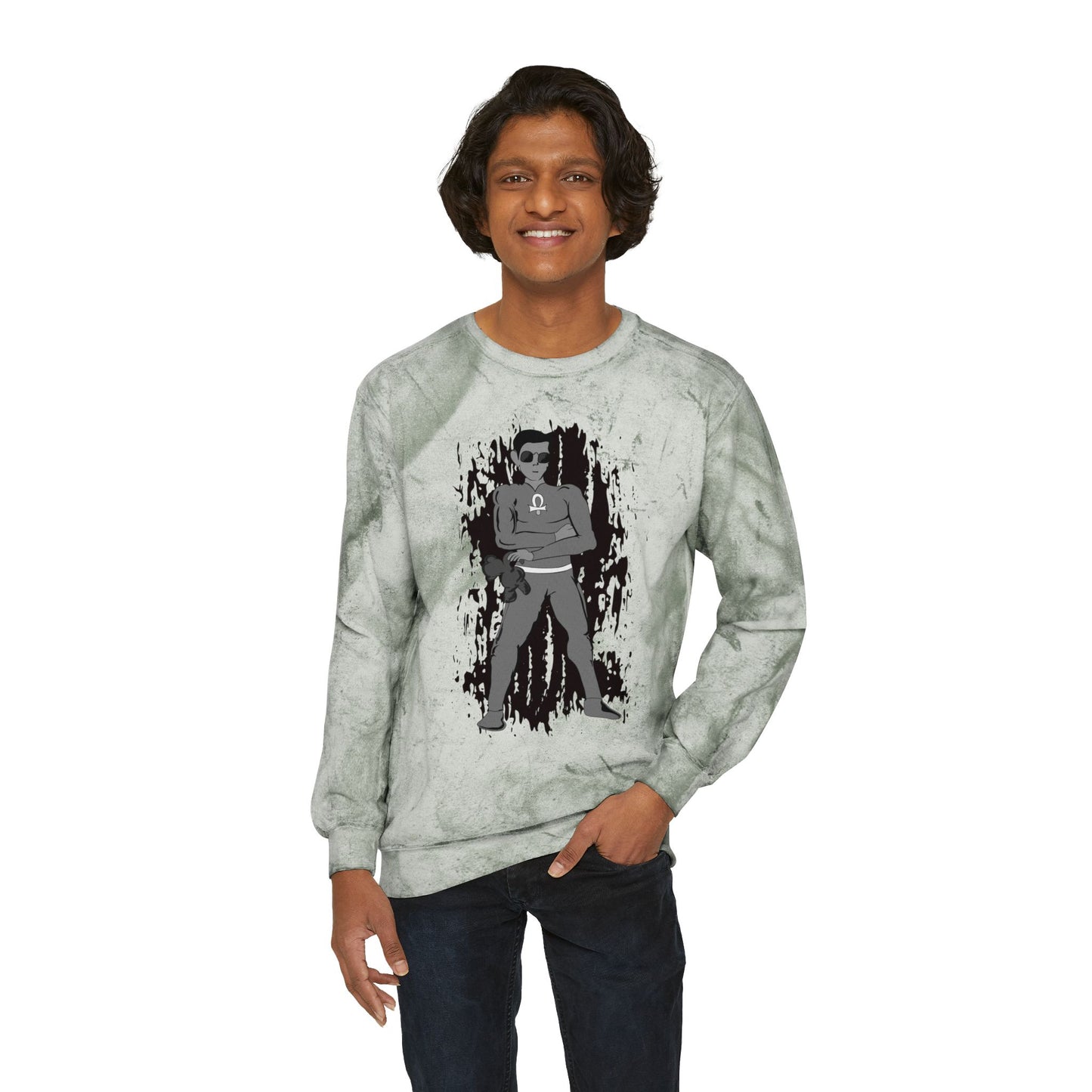 Yellow Tie-Dye Crewneck Sweatshirt with Root Chakra Super Hero Vintage Rebel Graphic