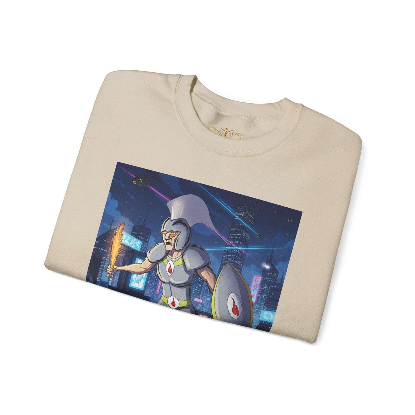 Solar Plexus Warrior Crewneck | Third Chakra Cyber Guardian Sweatshirt | Renato Unali Neon Hoplite Design