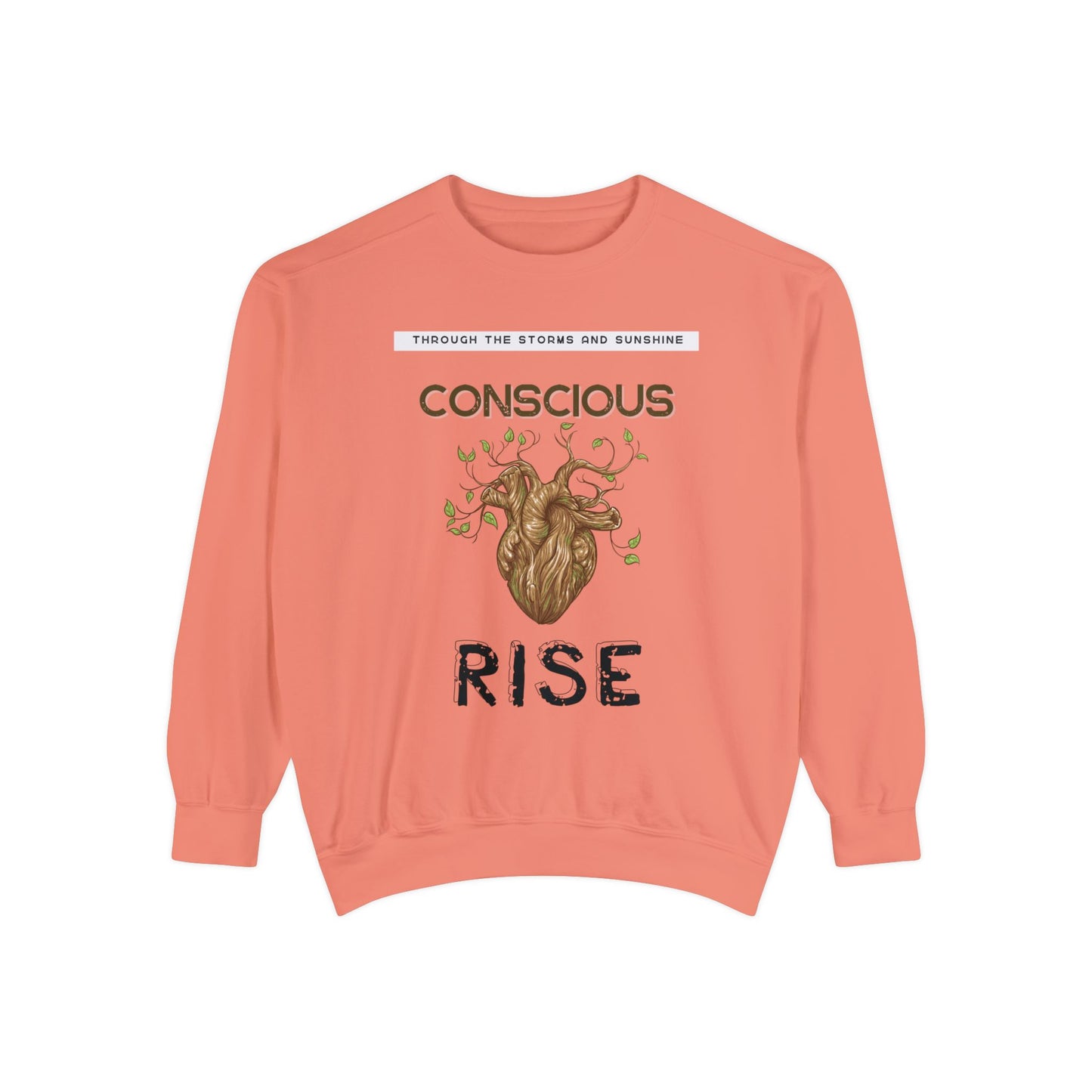 Conscious Rise: Garment-Dyed Sweatshirt with Blooming Tree Design