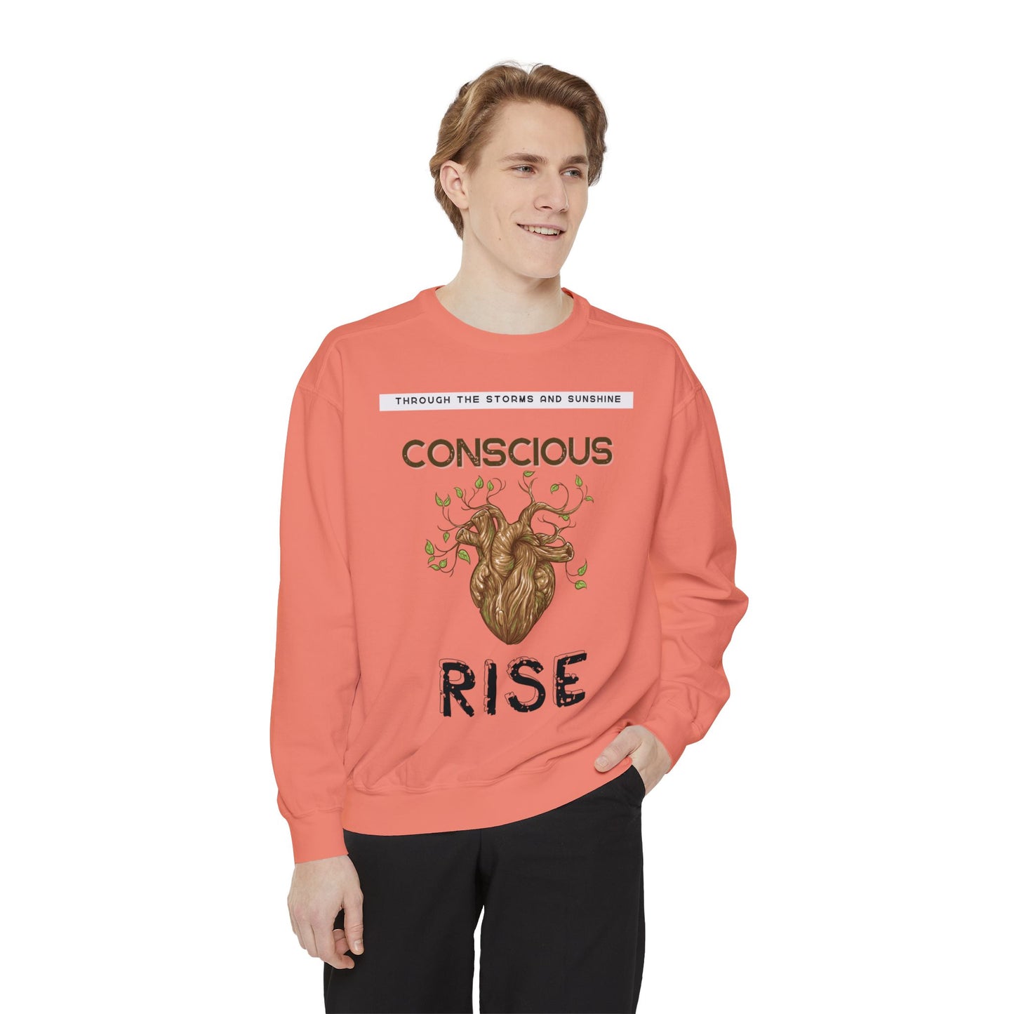 Conscious Rise: Garment-Dyed Sweatshirt with Blooming Tree Design
