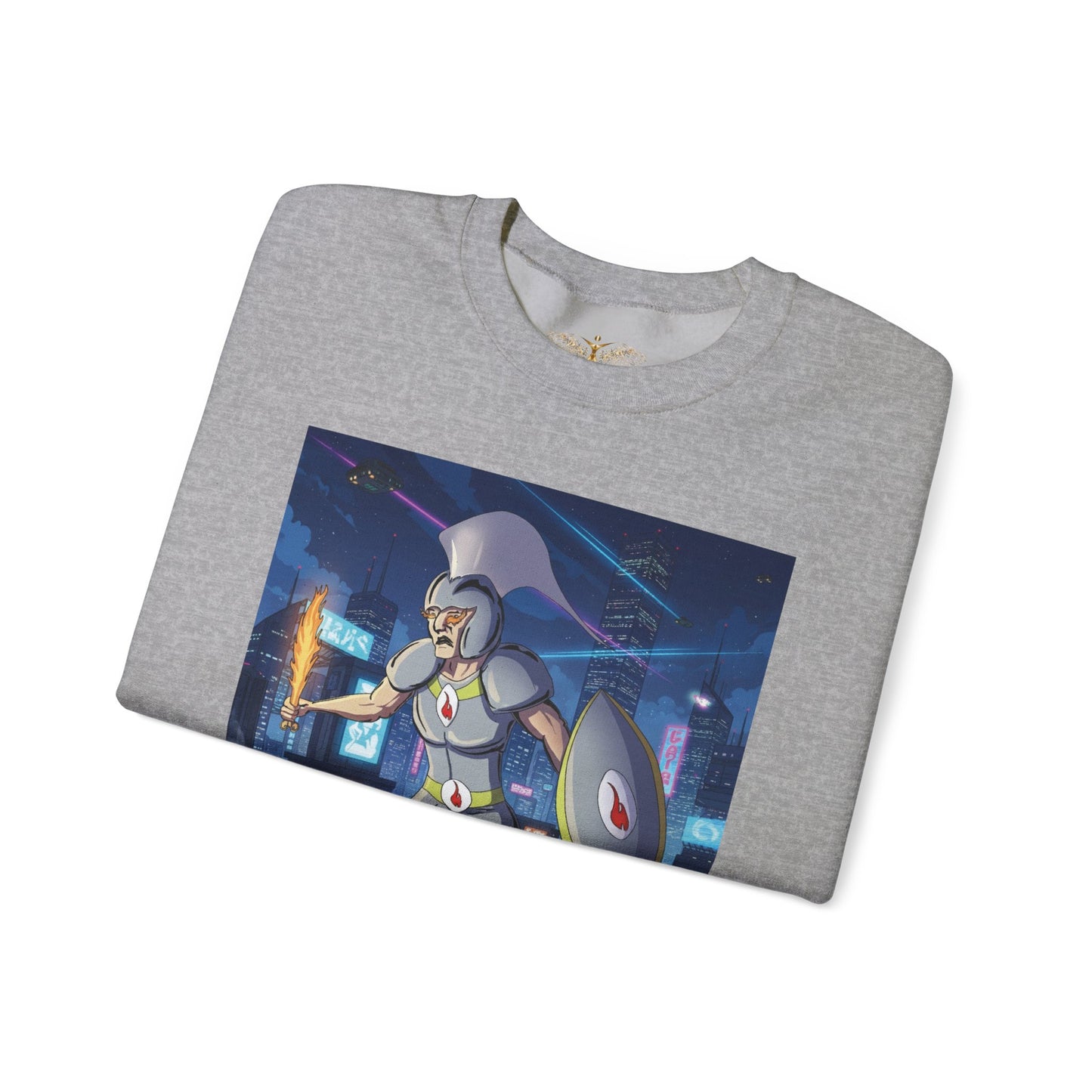 Solar Plexus Warrior Crewneck | Third Chakra Cyber Guardian Sweatshirt | Renato Unali Neon Hoplite Design