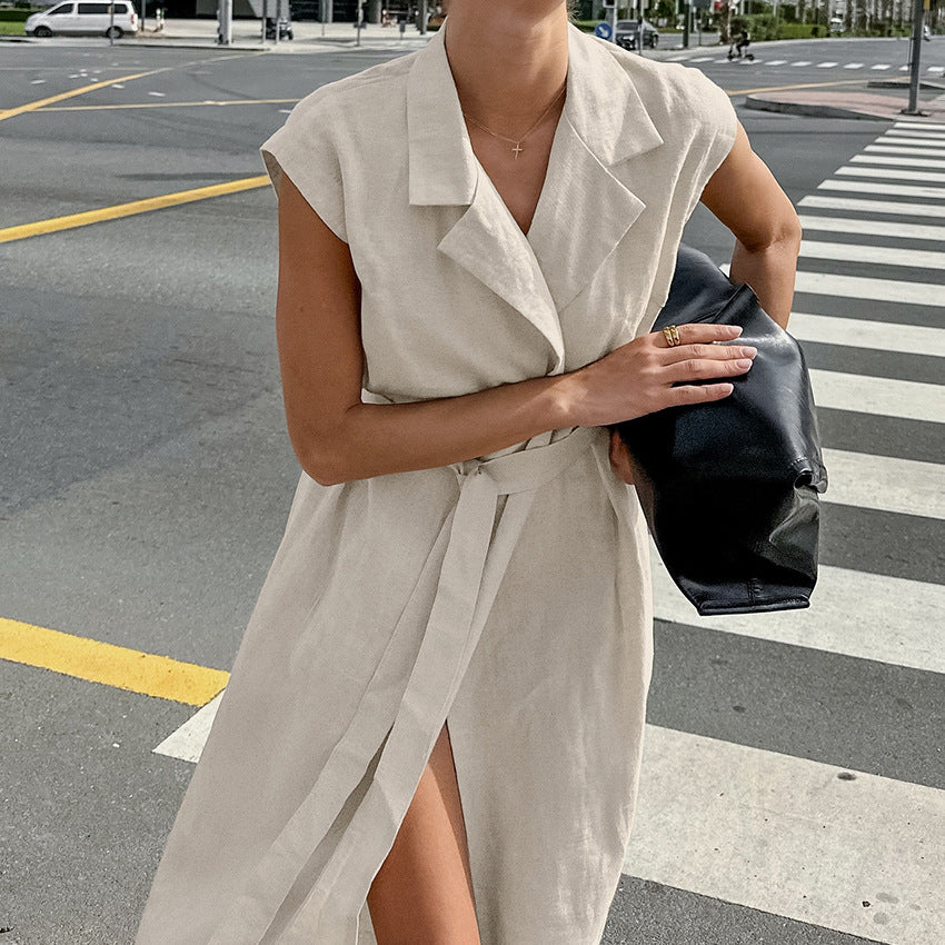 Cotton and linen dress women's khaki lace up shirt dress long skirt ﻿