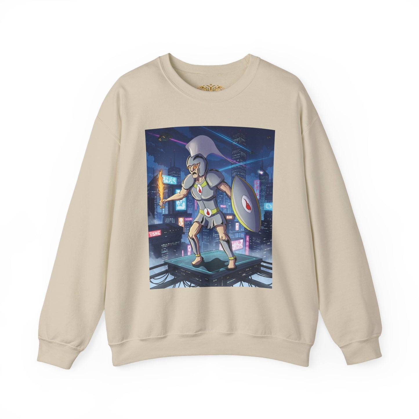 Solar Plexus Warrior Crewneck | Third Chakra Cyber Guardian Sweatshirt | Renato Unali Neon Hoplite Design