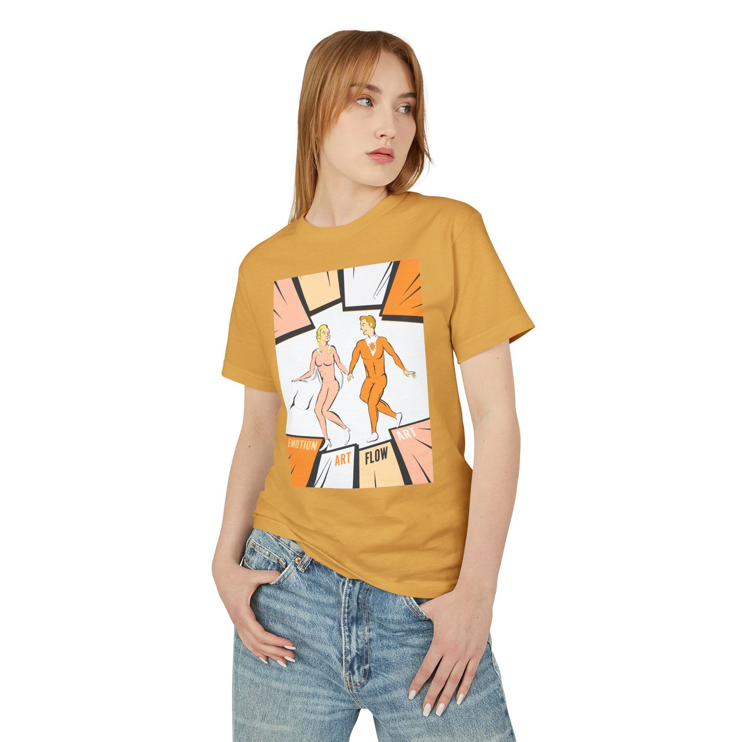 Art Flow Retro Sacral Chakra Super Hero Dance Graphic Tee — 'Emotion • Art • Flow' Vintage Pop Design