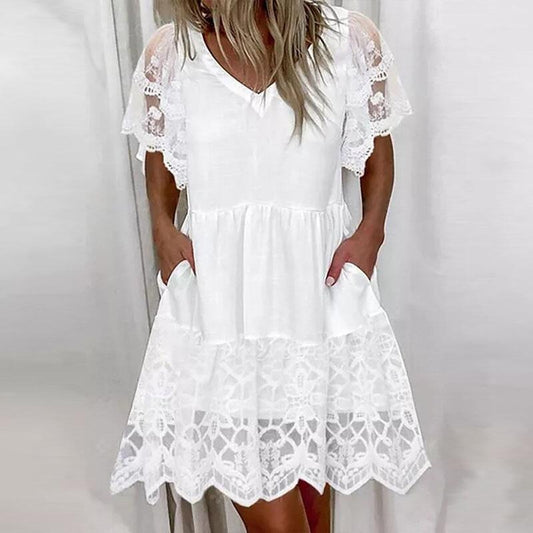 New Cotton Lace Pocket V-Neck Pleated Women'S Dress Lace Short Sleeve Dress