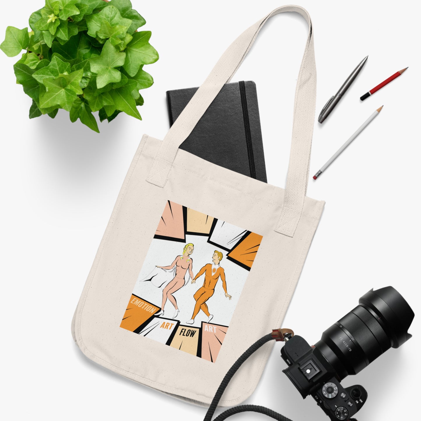 Canvas Tote Bag Sacral Chakra Super Hero — Retro Comic ‘Art Flow’ Dancing Duo Eco Tote