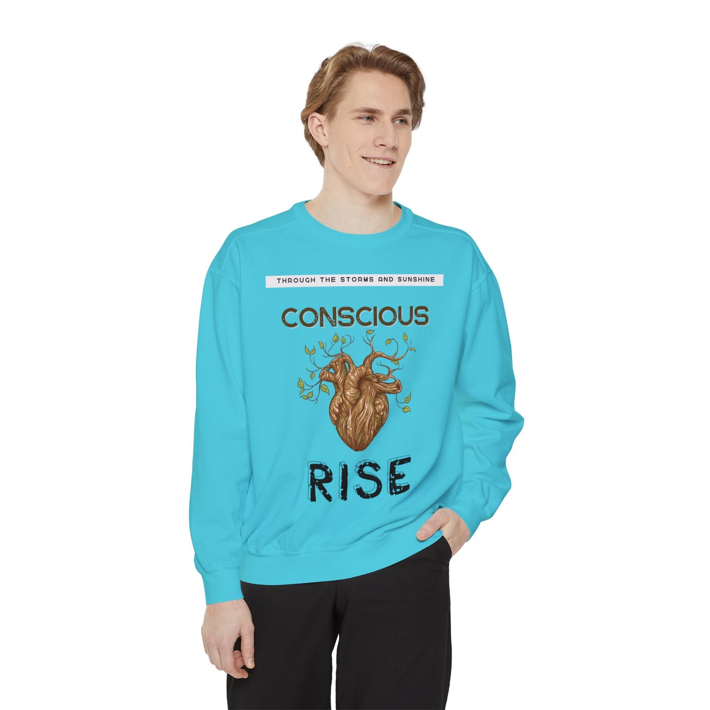 Conscious Rise: Garment-Dyed Sweatshirt with Blooming Tree Design