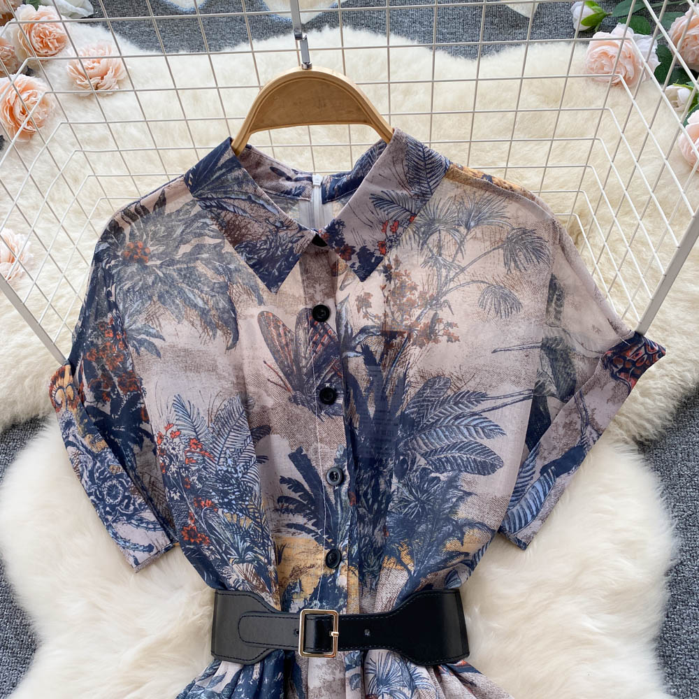 Fashion Runway Cotton Shirt Dress Women's Short Sleeve Elegant Floral Butterfly Print Belt OL Midi Dress