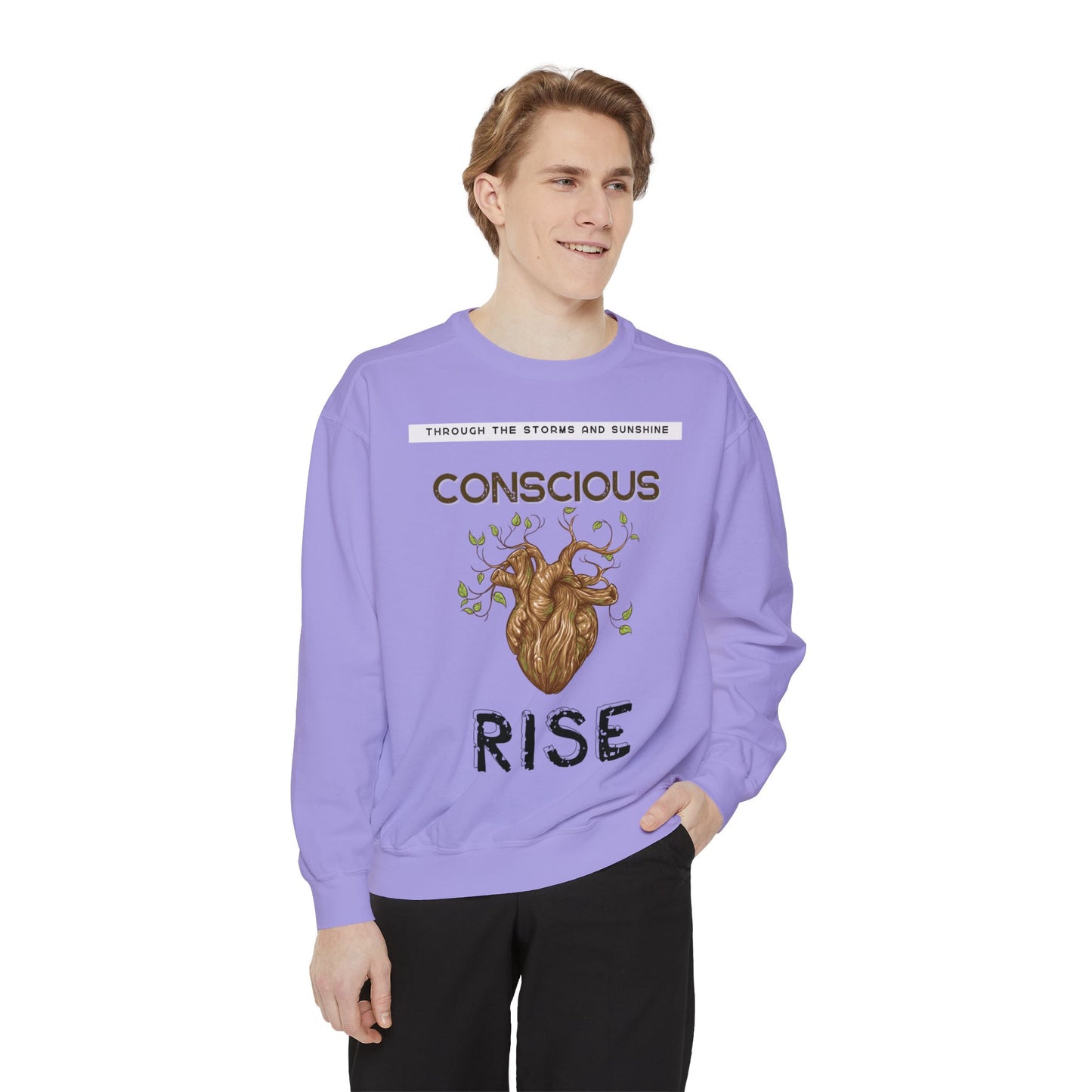 Conscious Rise: Garment-Dyed Sweatshirt with Blooming Tree Design