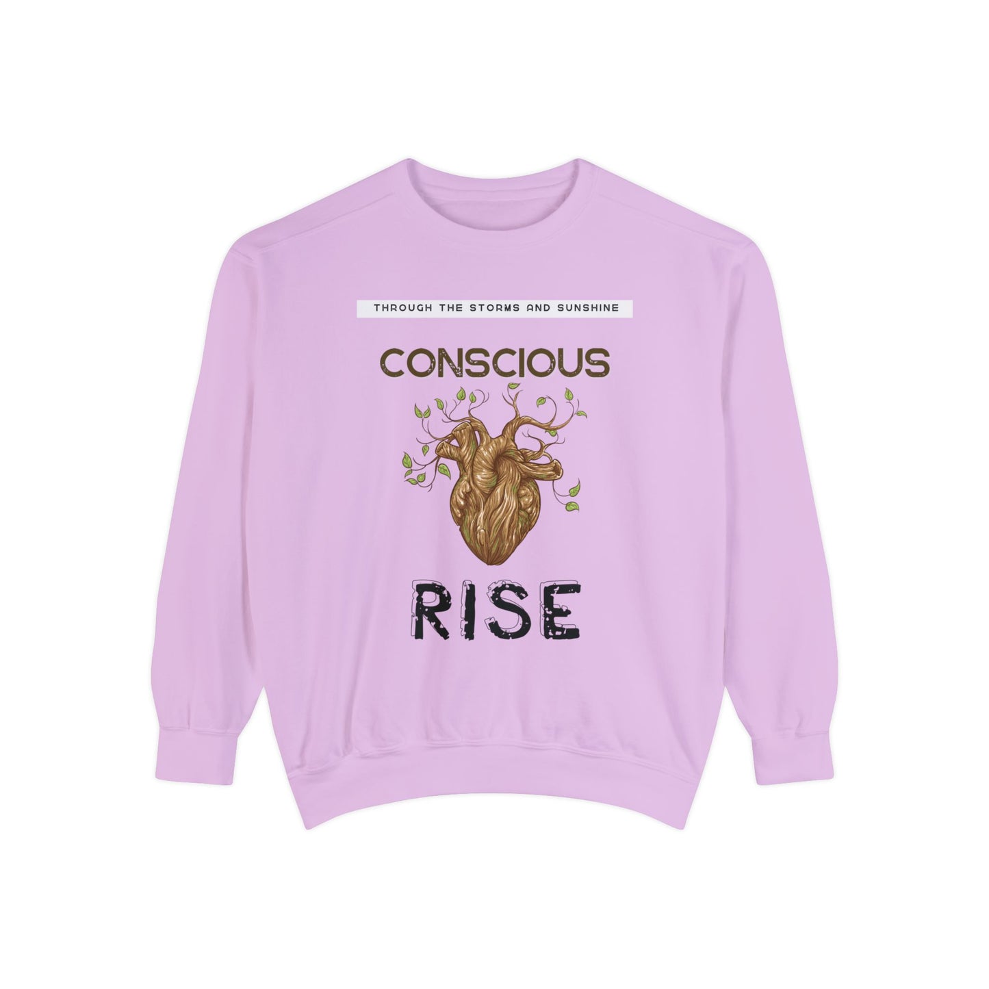 Conscious Rise: Garment-Dyed Sweatshirt with Blooming Tree Design
