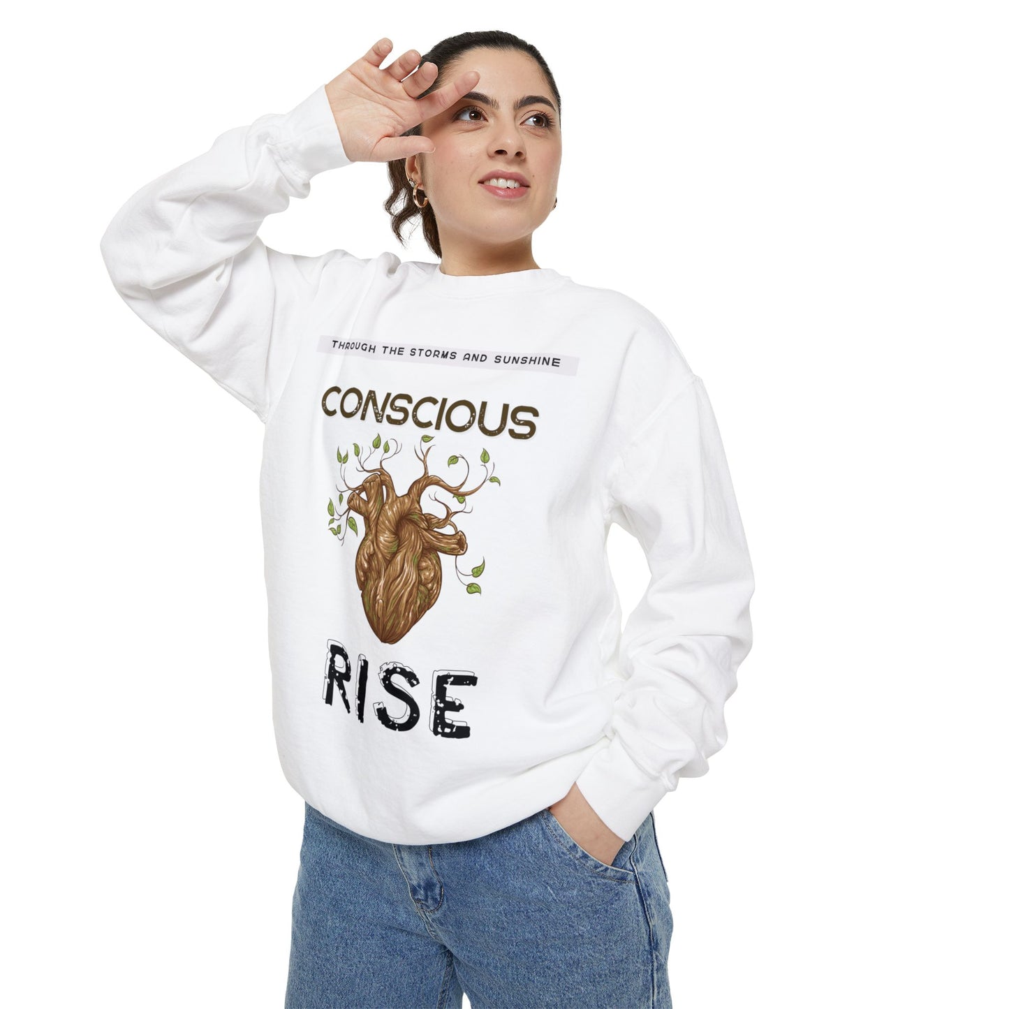 Conscious Rise: Garment-Dyed Sweatshirt with Blooming Tree Design