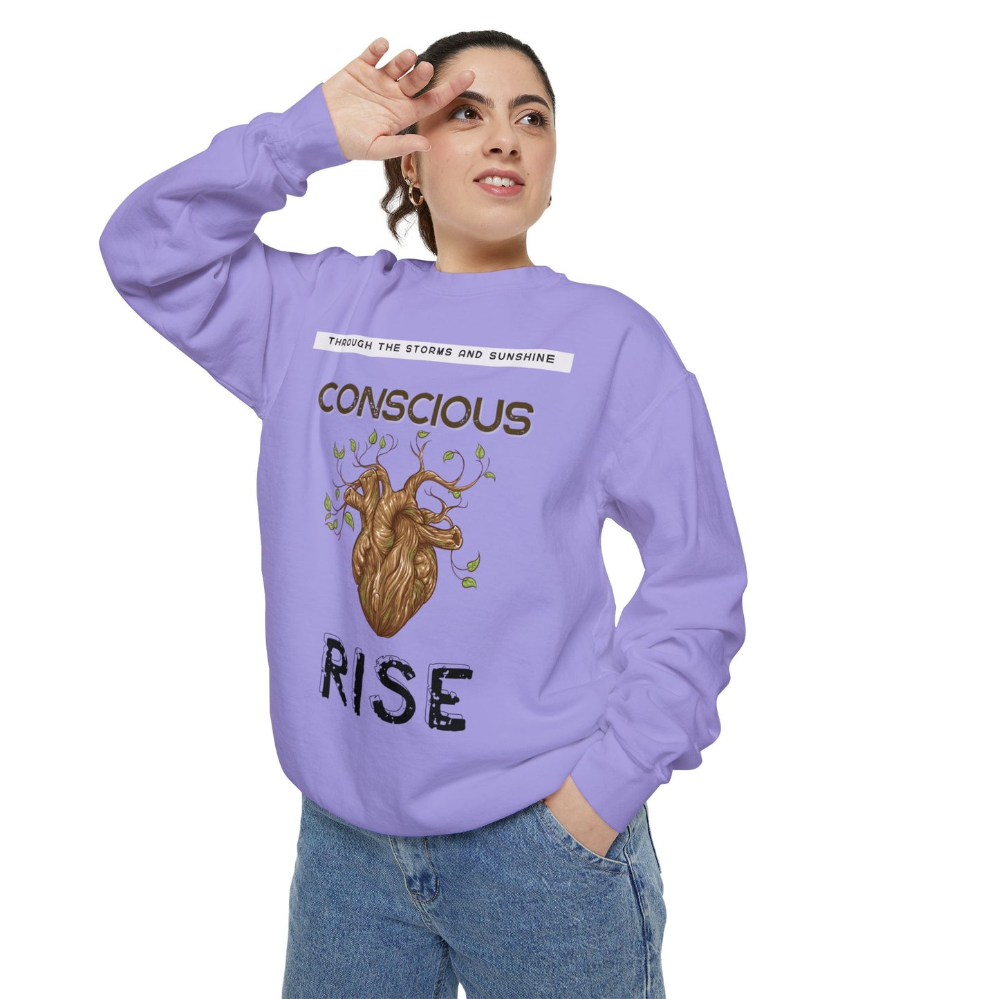 Conscious Rise: Garment-Dyed Sweatshirt with Blooming Tree Design
