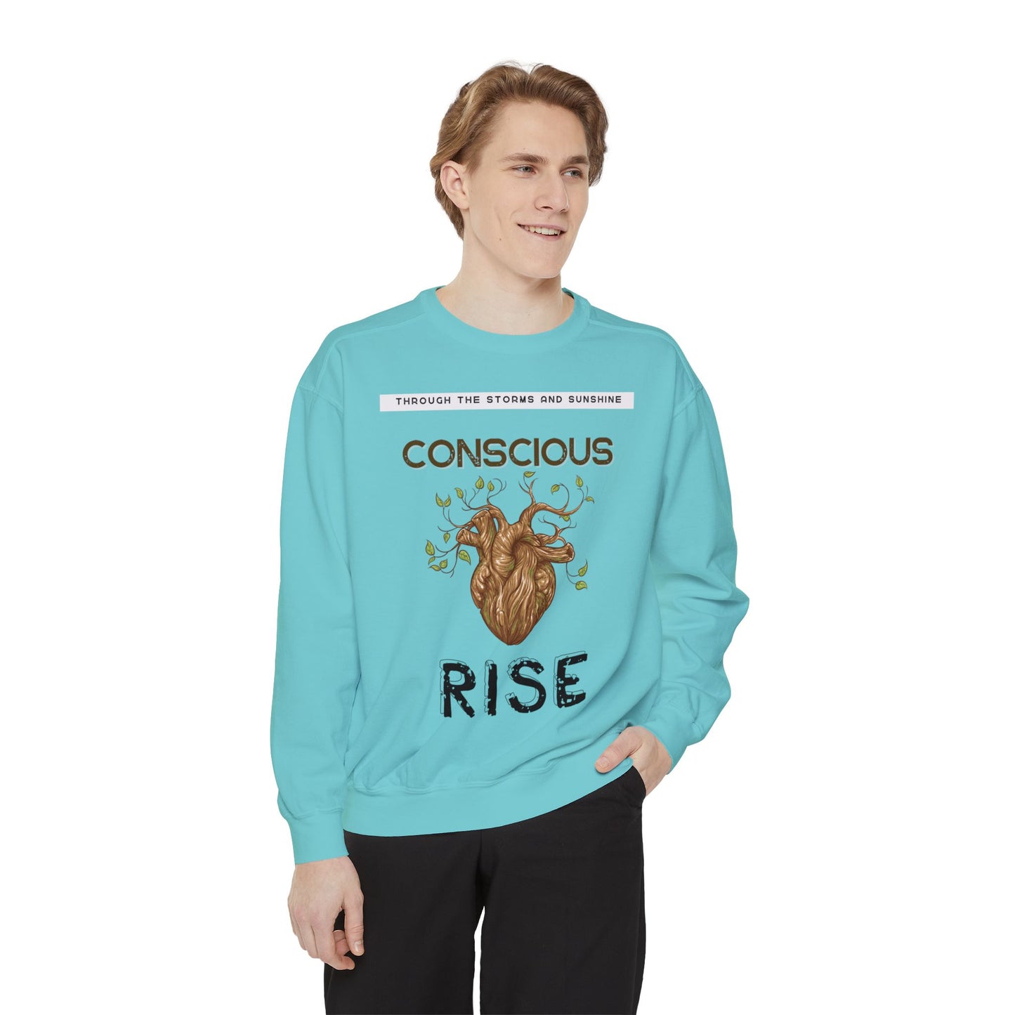 Conscious Rise: Garment-Dyed Sweatshirt with Blooming Tree Design