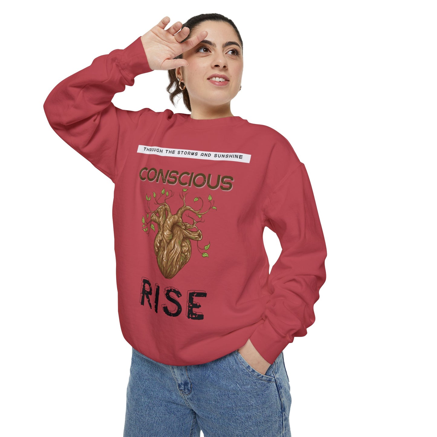 Conscious Rise: Garment-Dyed Sweatshirt with Blooming Tree Design
