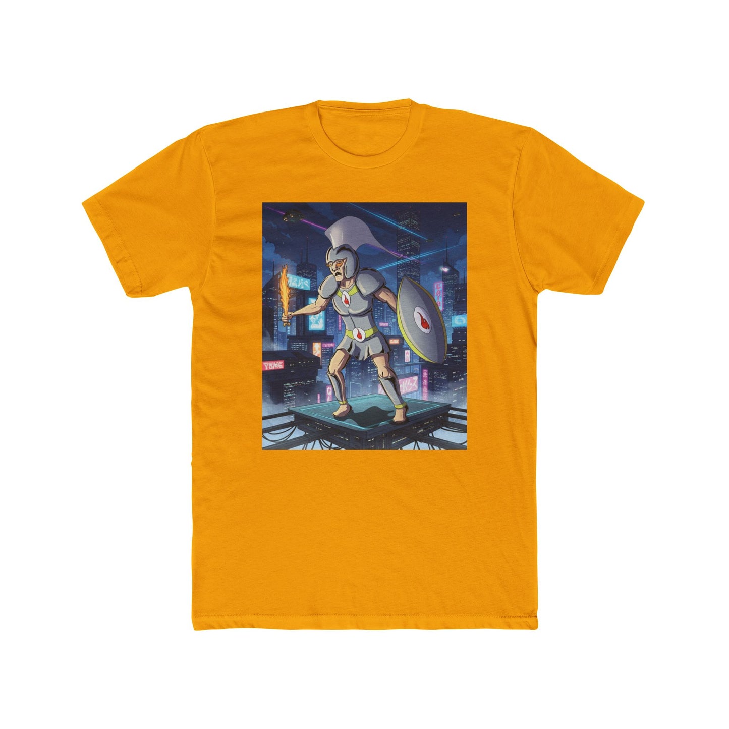 Solar Plexus Spartan Tee | Third Chakra Neon Warrior Graphic | Renato Unali Retro-Futuristic Hero Shirt
