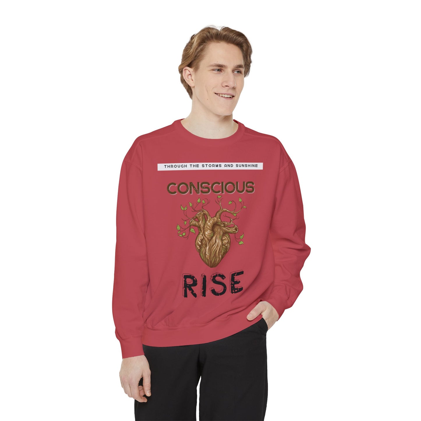 Conscious Rise: Garment-Dyed Sweatshirt with Blooming Tree Design
