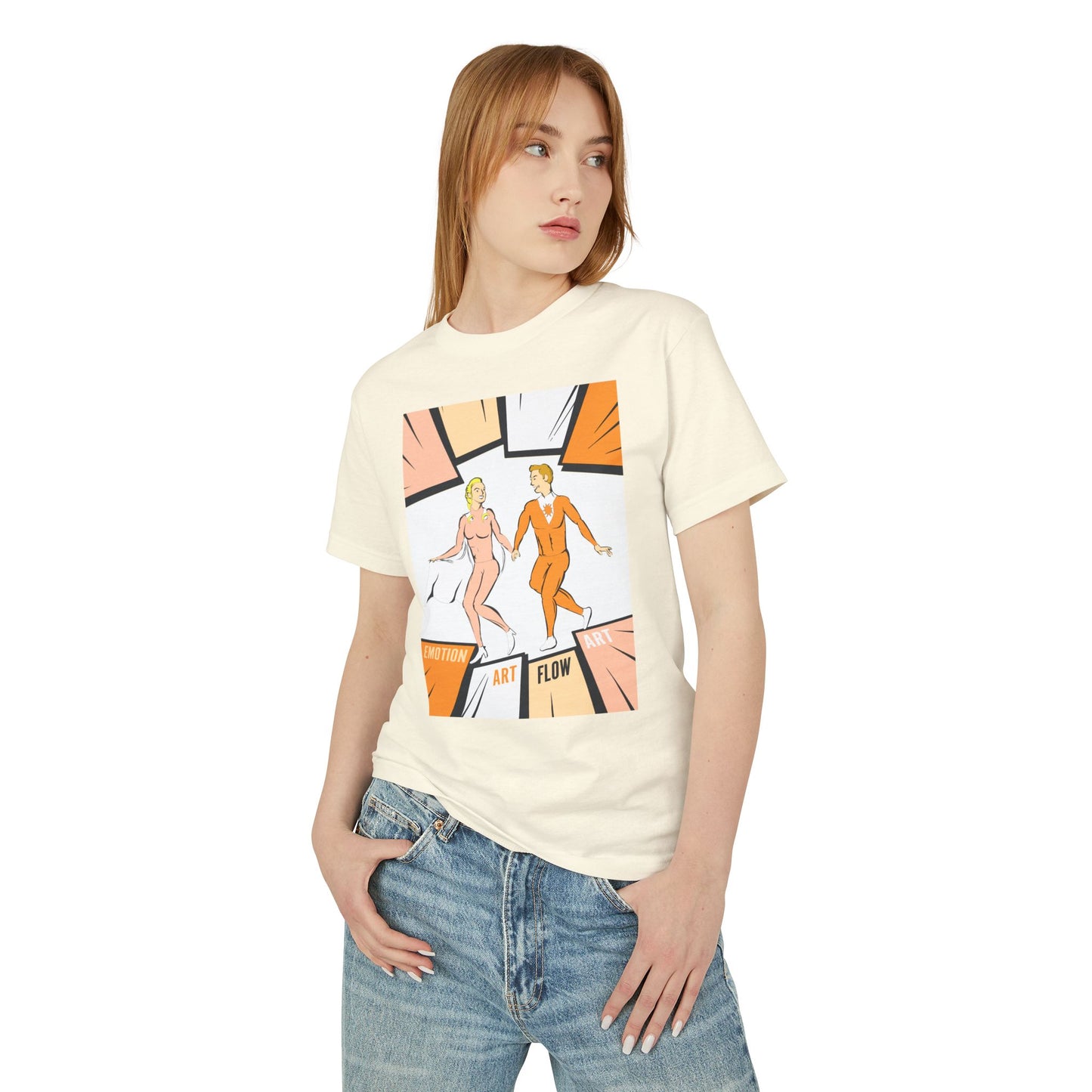 Art Flow Retro Sacral Chakra Super Hero Dance Graphic Tee — 'Emotion • Art • Flow' Vintage Pop Design