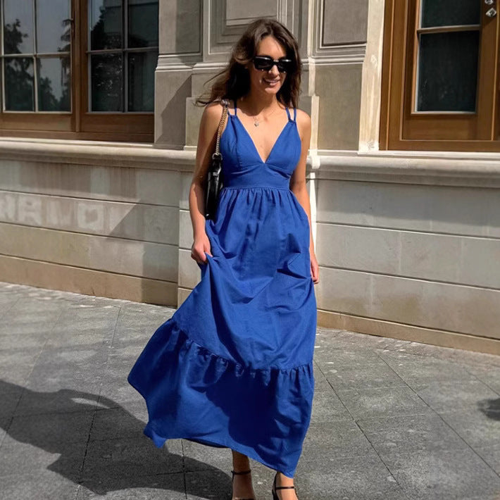 Blue V-neck camisole dress women's loose cotton and linen dress A-list long skirt
