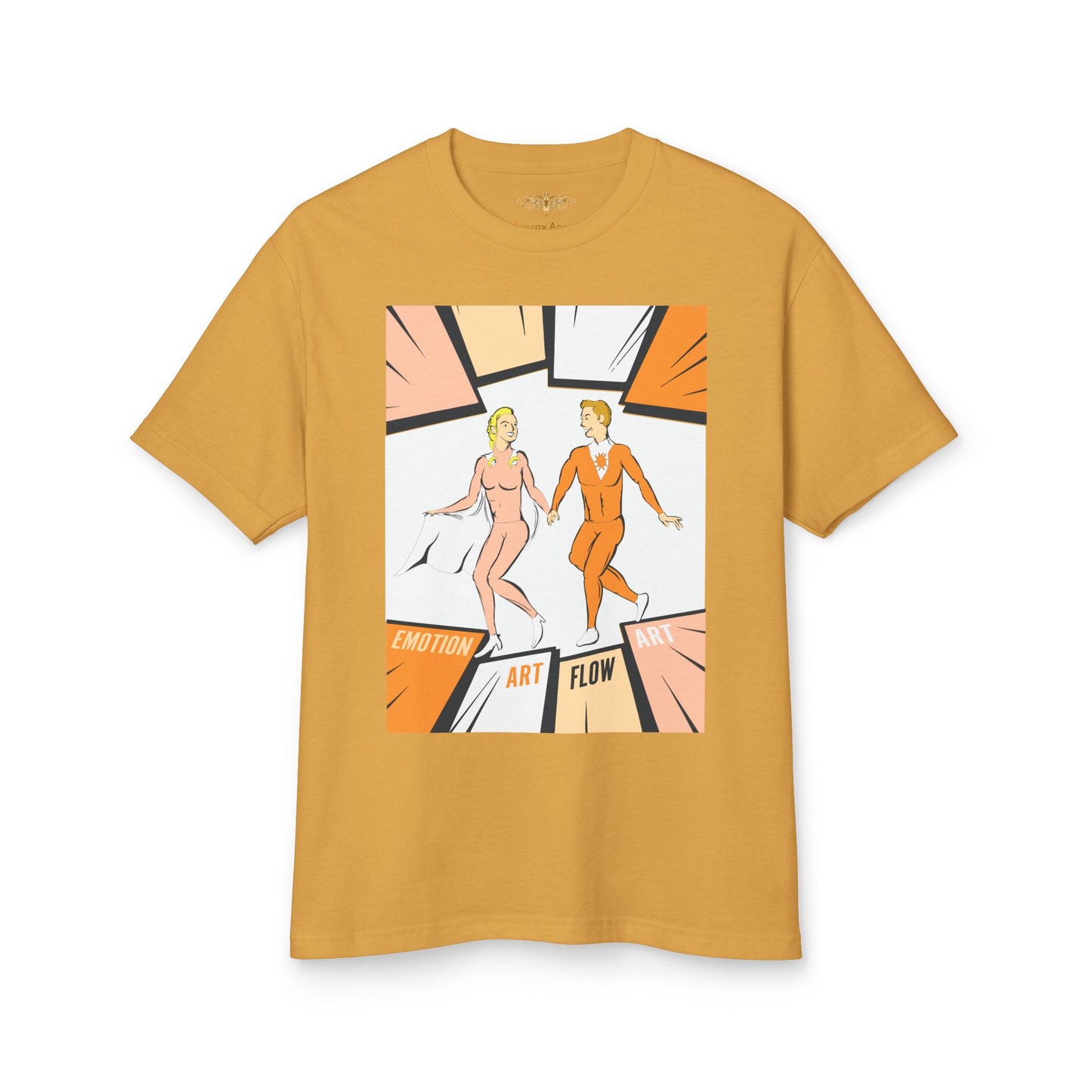 Art Flow Retro Sacral Chakra Super Hero Dance Graphic Tee — 'Emotion • Art • Flow' Vintage Pop Design
