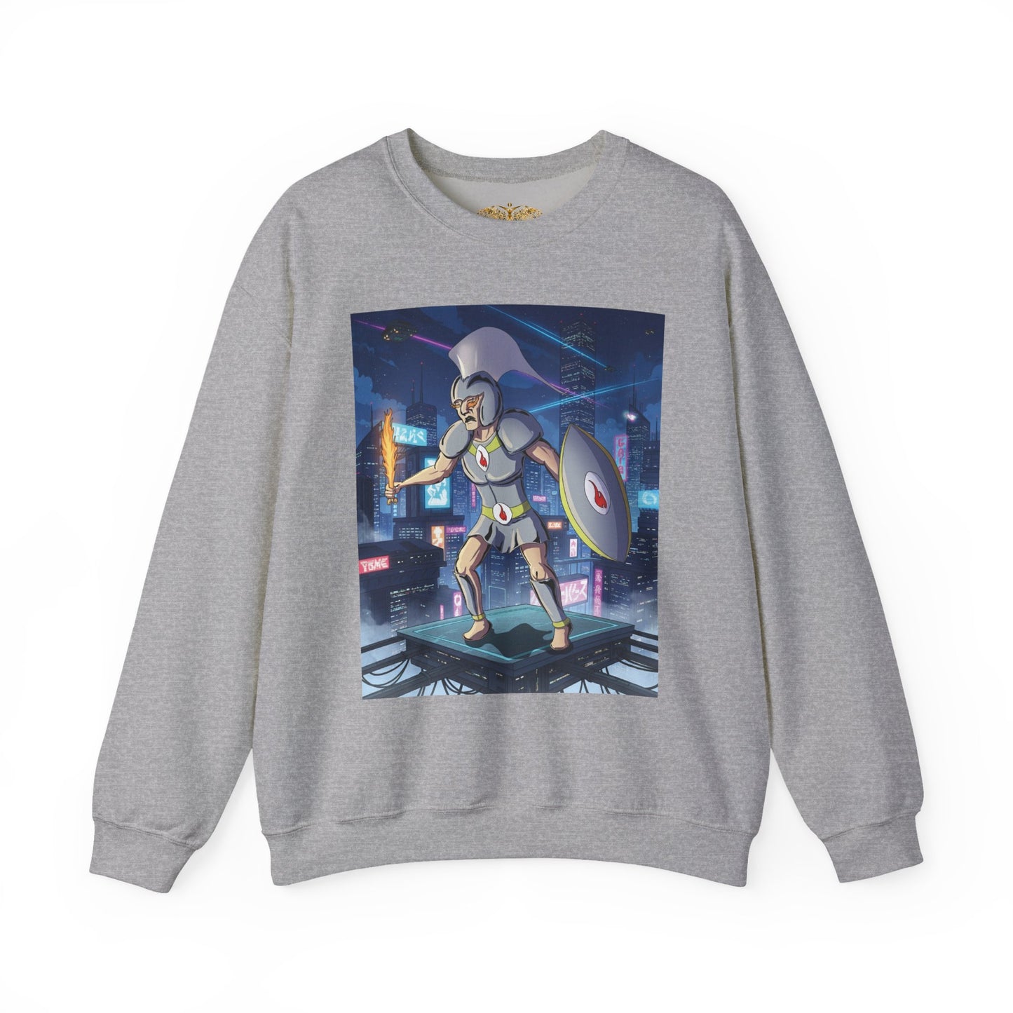 Solar Plexus Warrior Crewneck | Third Chakra Cyber Guardian Sweatshirt | Renato Unali Neon Hoplite Design
