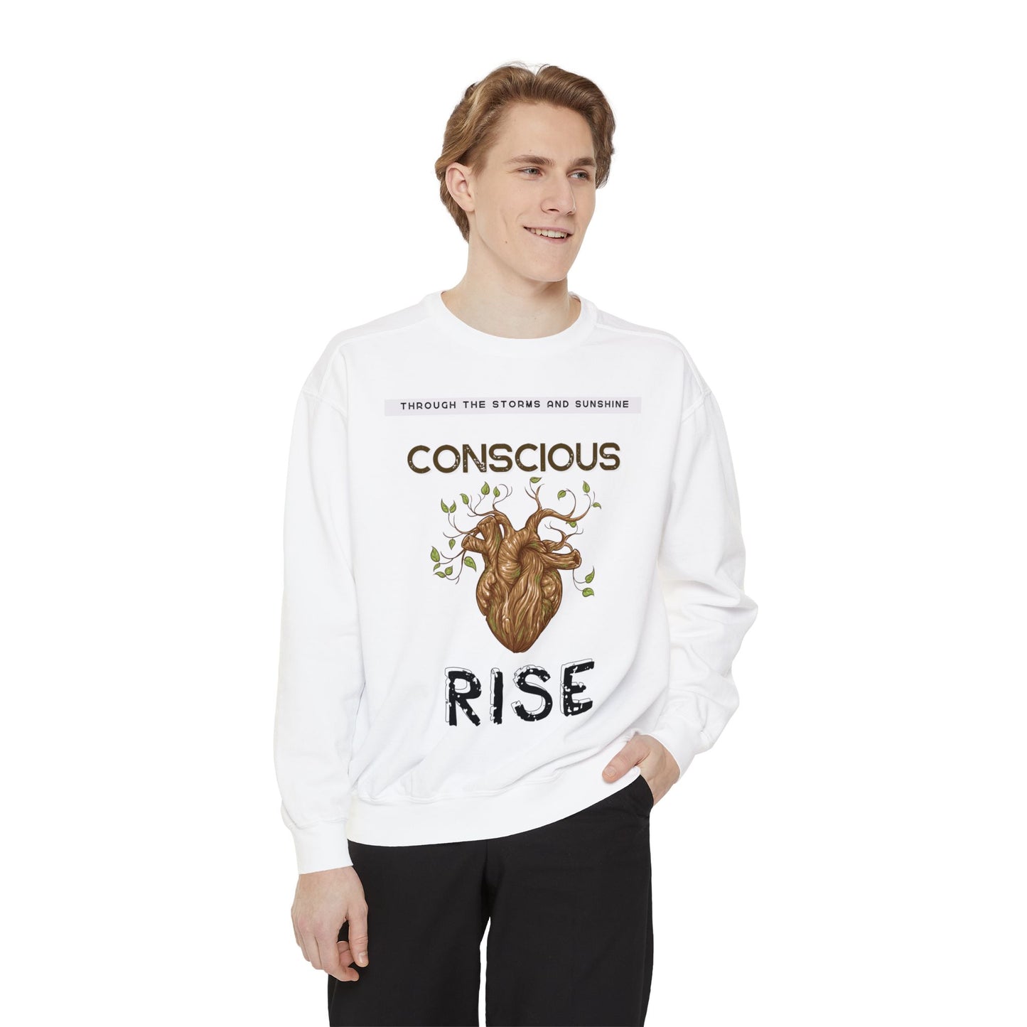 Conscious Rise: Garment-Dyed Sweatshirt with Blooming Tree Design