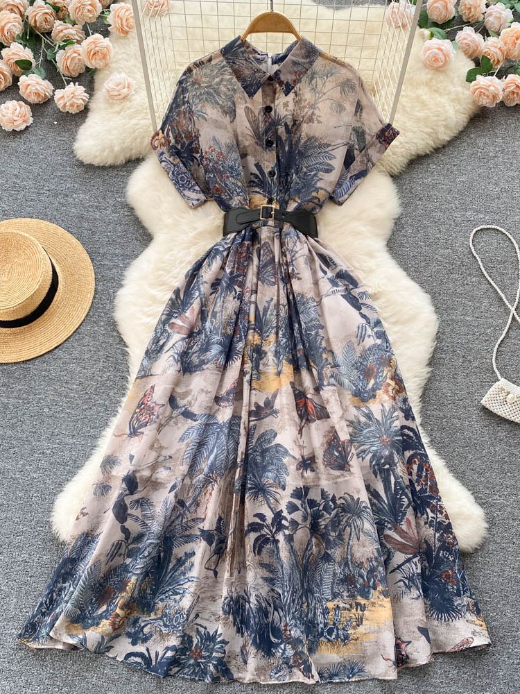 Fashion Runway Cotton Shirt Dress Women's Short Sleeve Elegant Floral Butterfly Print Belt OL Midi Dress