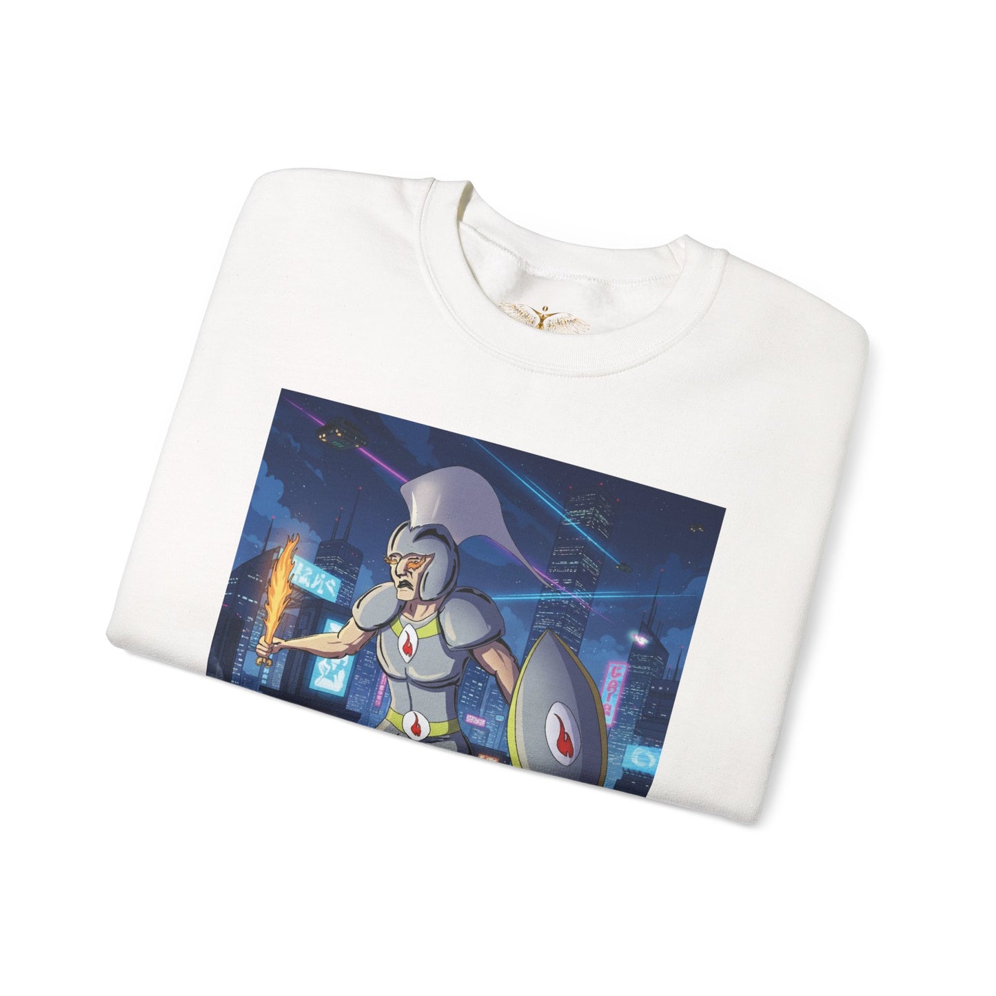 Solar Plexus Warrior Crewneck | Third Chakra Cyber Guardian Sweatshirt | Renato Unali Neon Hoplite Design