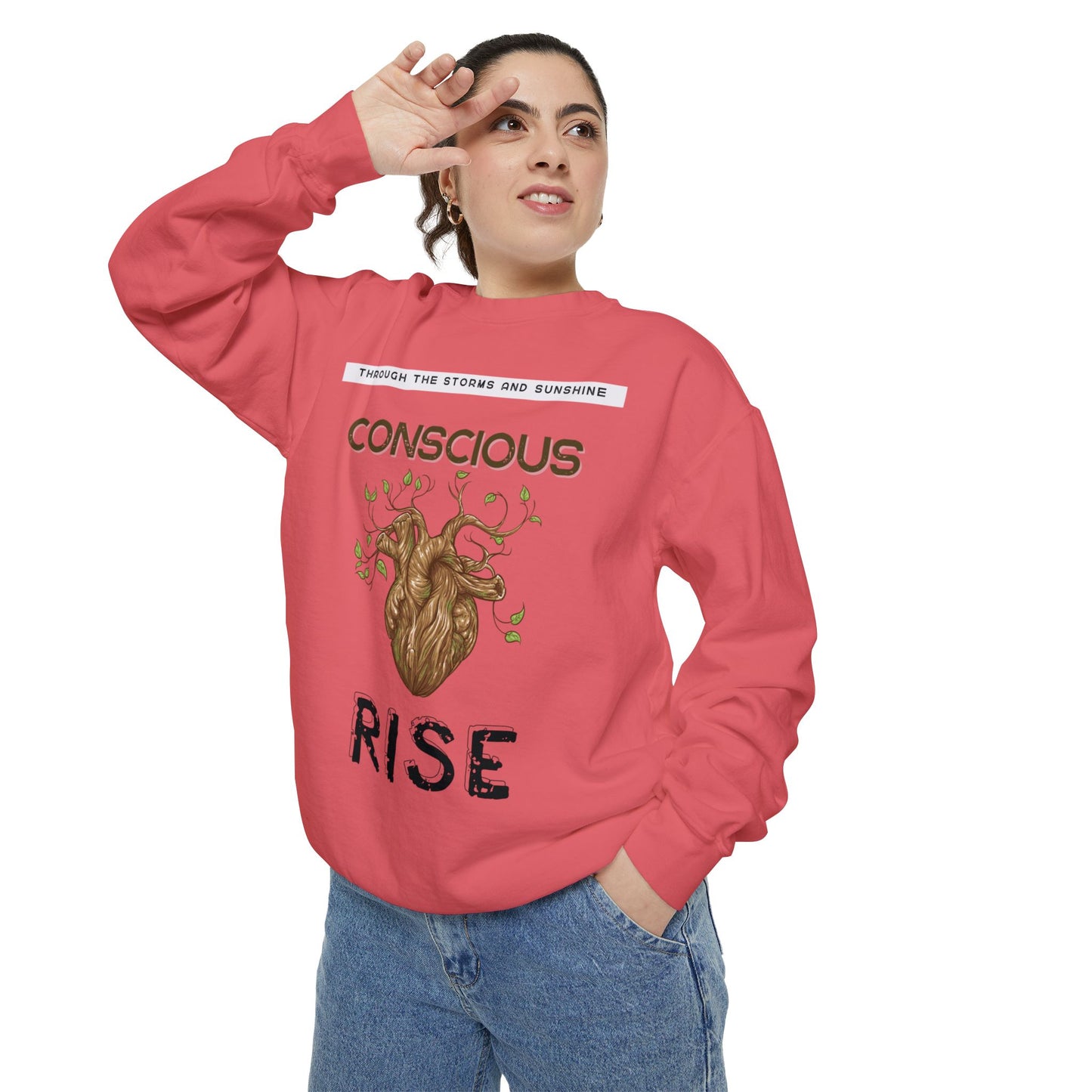 Conscious Rise: Garment-Dyed Sweatshirt with Blooming Tree Design